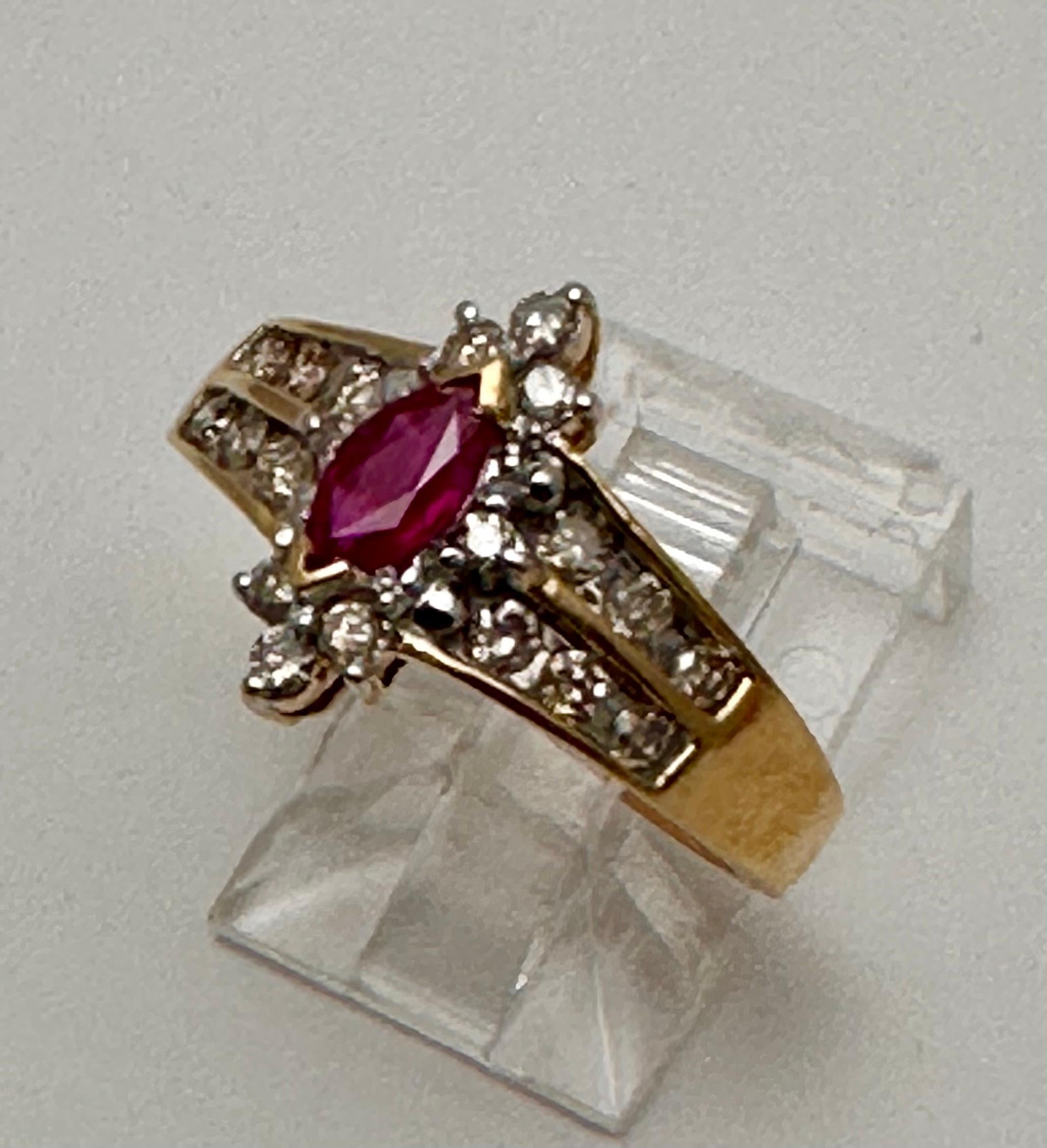 Marquise Cut 14k Yellow Gold 4mm x 6mm Marquise Ruby .50c Diamond Ring Size 7 1/2 For Sale