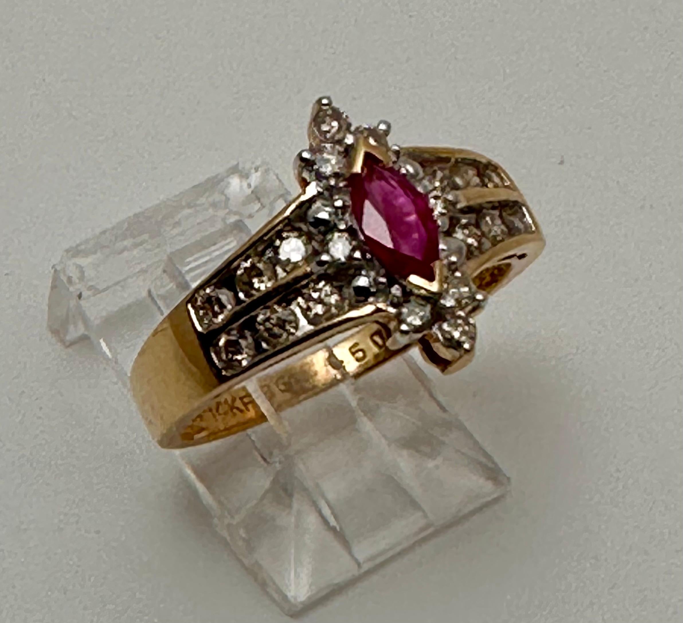 Women's 14k Yellow Gold 4mm x 6mm Marquise Ruby .50c Diamond Ring Size 7 1/2 For Sale