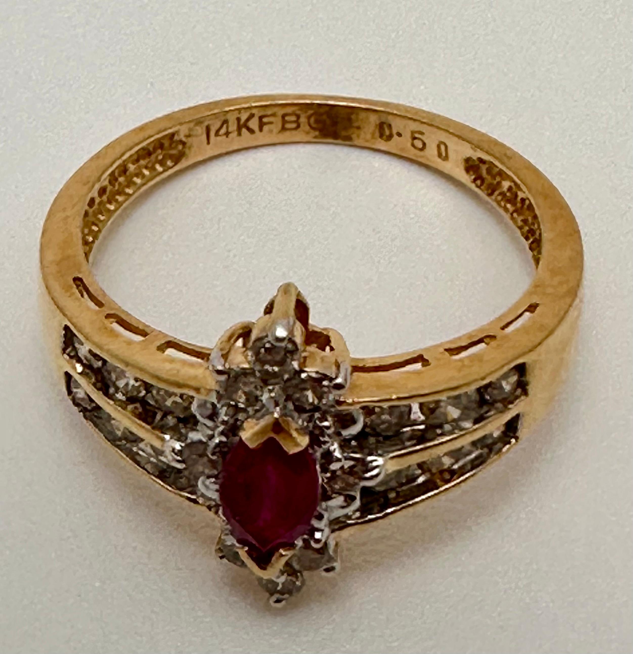 14k Yellow Gold 4mm x 6mm Marquise Ruby .50c Diamond Ring Size 7 1/2 For Sale 1