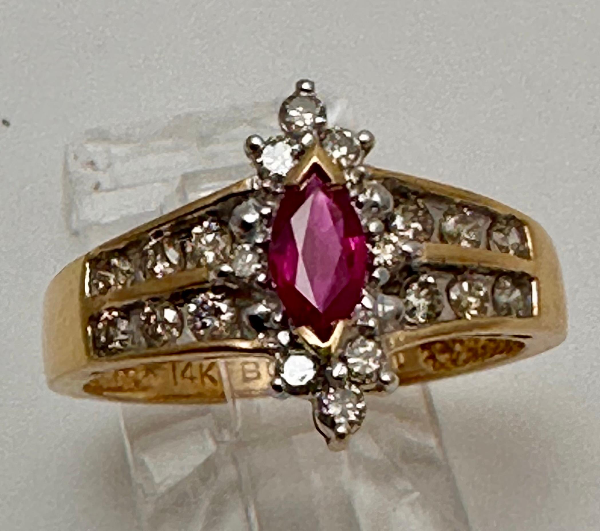 14k Yellow Gold 4mm x 6mm Marquise Ruby .50c Diamond Ring Size 7 1/2 For Sale 2