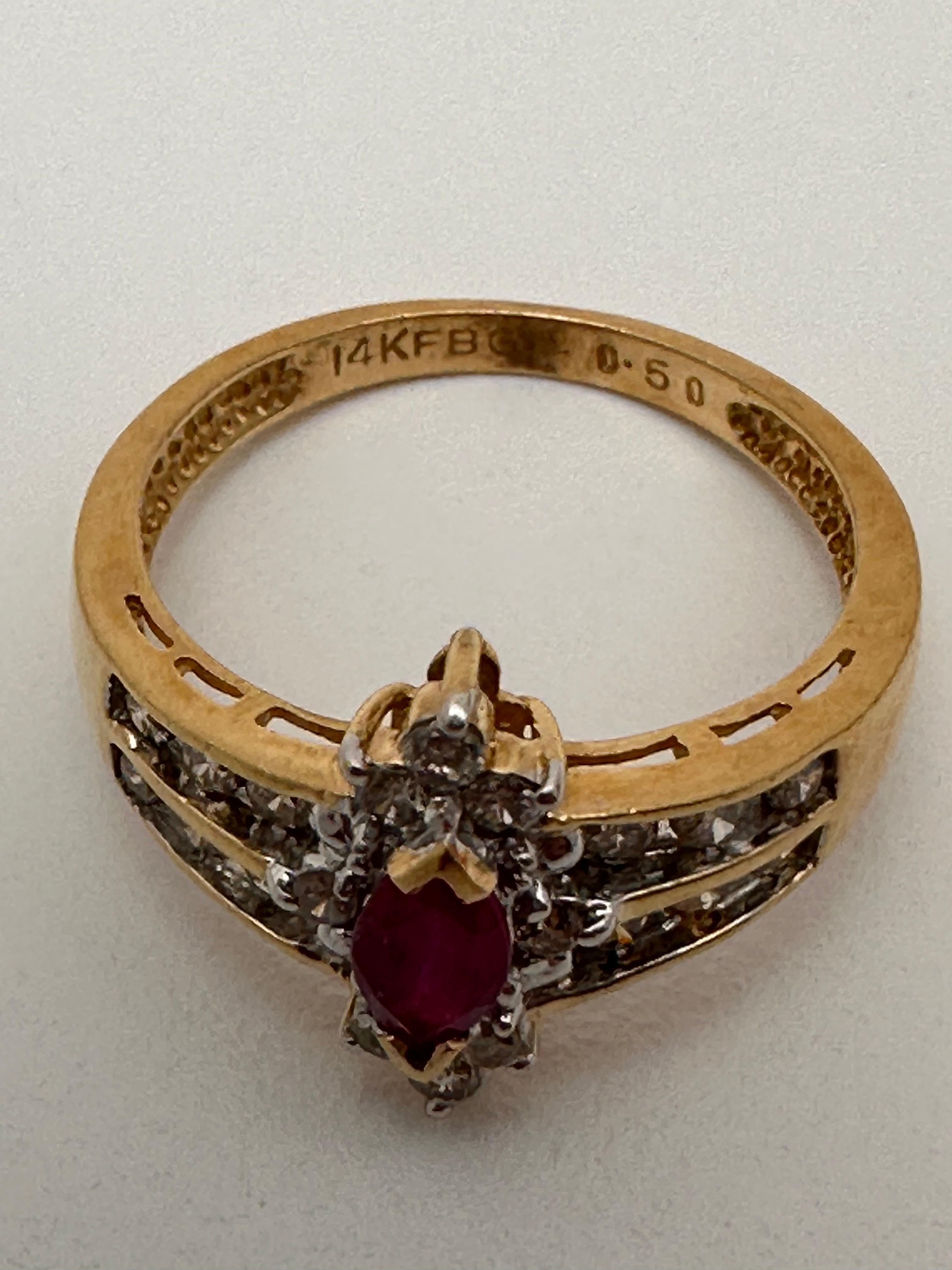 14k Yellow Gold 4mm x 6mm Marquise Ruby .50c Diamond Ring Size 7 1/2 For Sale 3