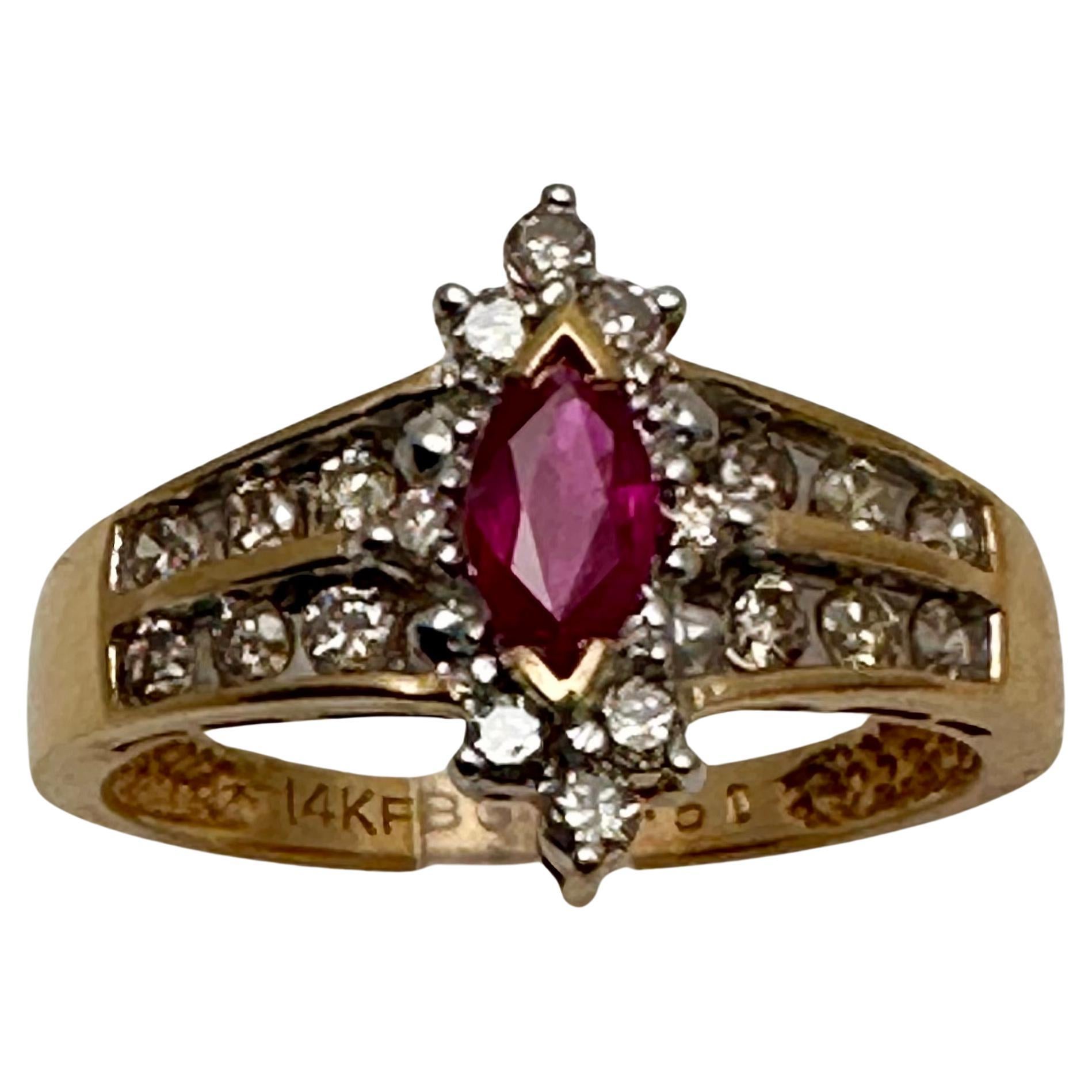 14k Yellow Gold 4mm x 6mm Marquise Ruby .50c Diamond Ring Size 7 1/2 For Sale