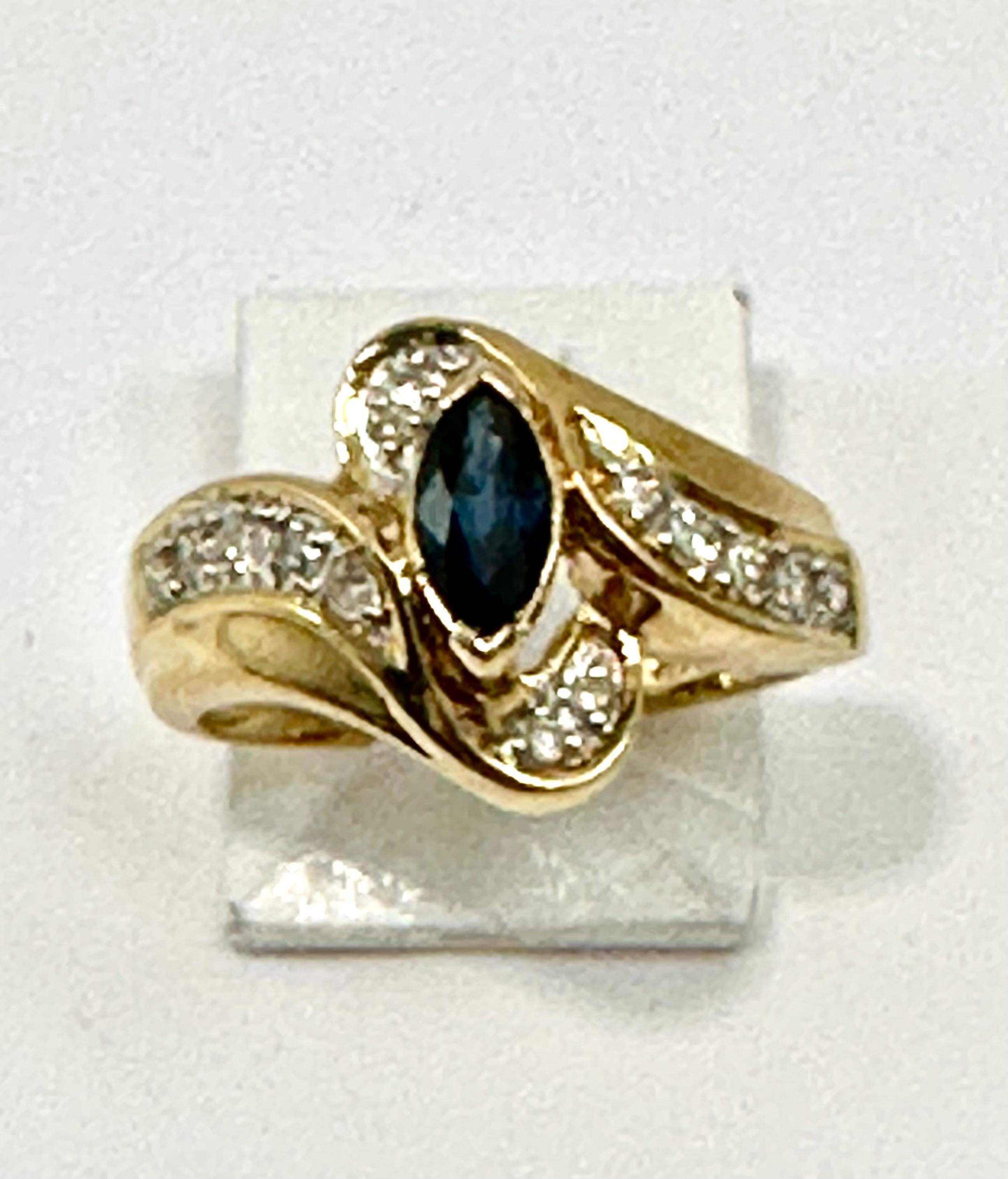 Marquise Cut 14k Yellow Gold 4mm x 6mm Marquise Sapphire and 14 Diamonds ~ Ring ~ Size 7 For Sale