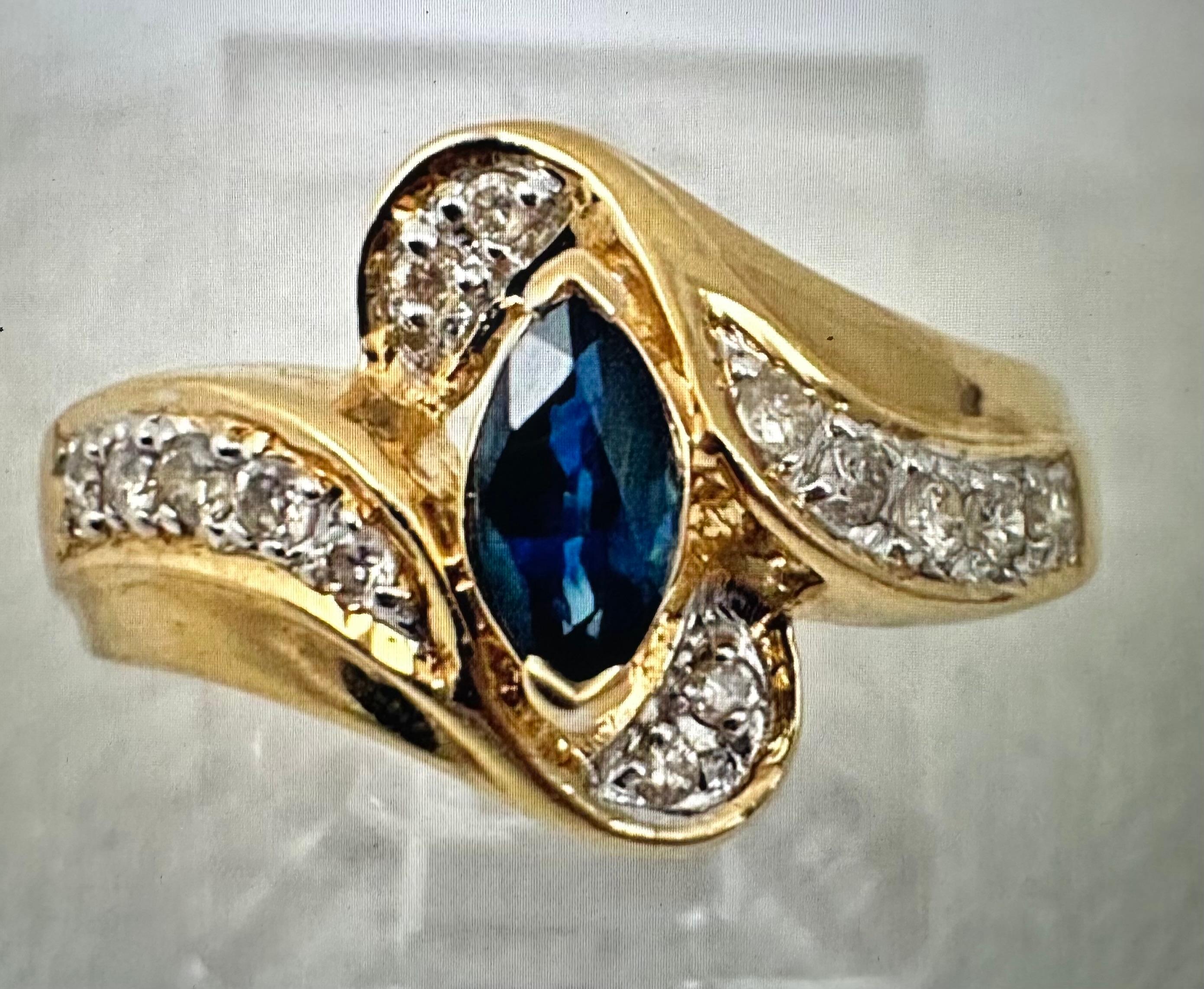 14k Yellow Gold 4mm x 6mm Marquise Sapphire and 14 Diamonds ~ Ring ~ Size 7 For Sale