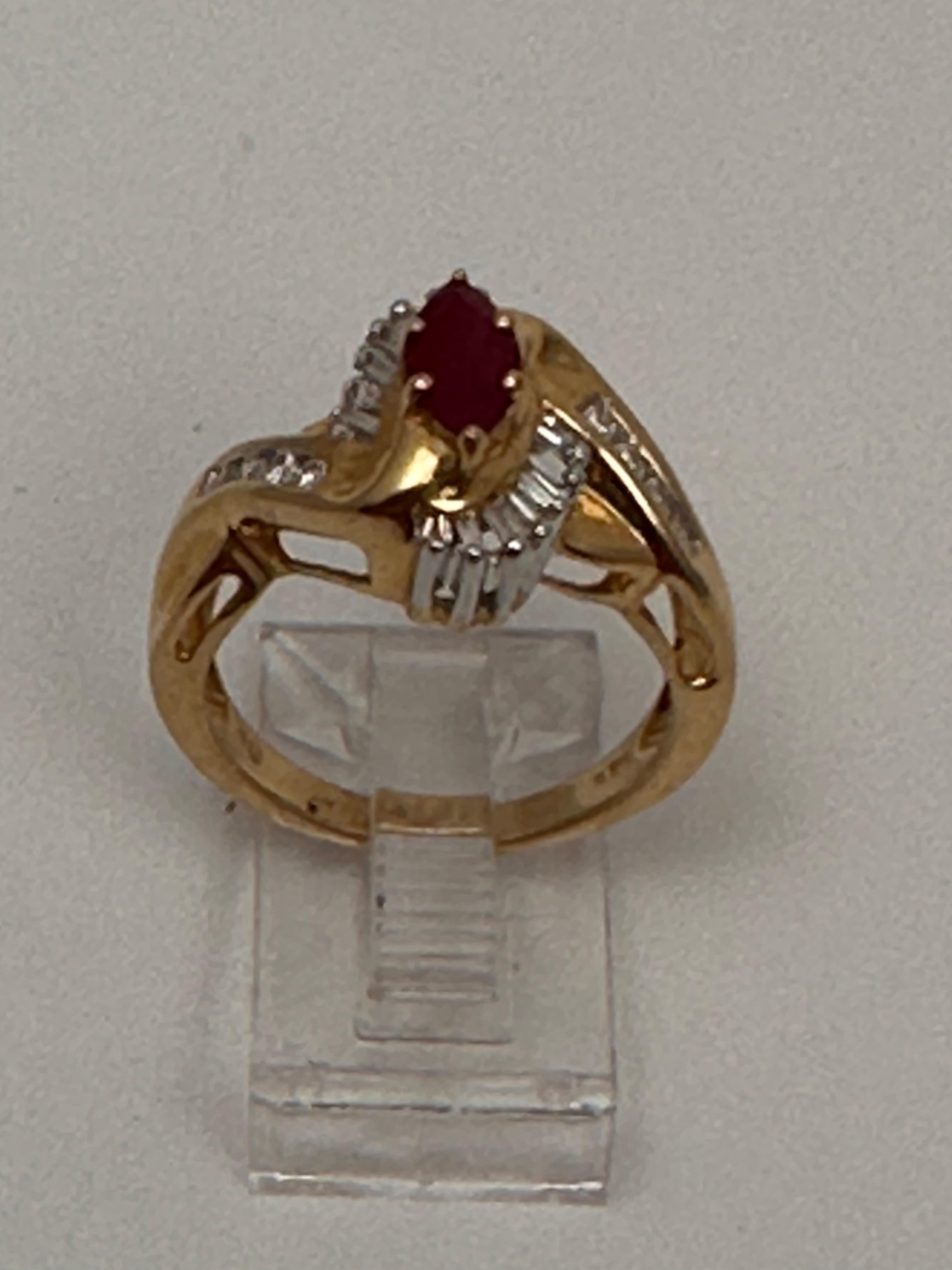 Modern 14k Yellow Gold ~ 4mm x 8mm Marquise Ruby and Diamond Ring Size 7 For Sale