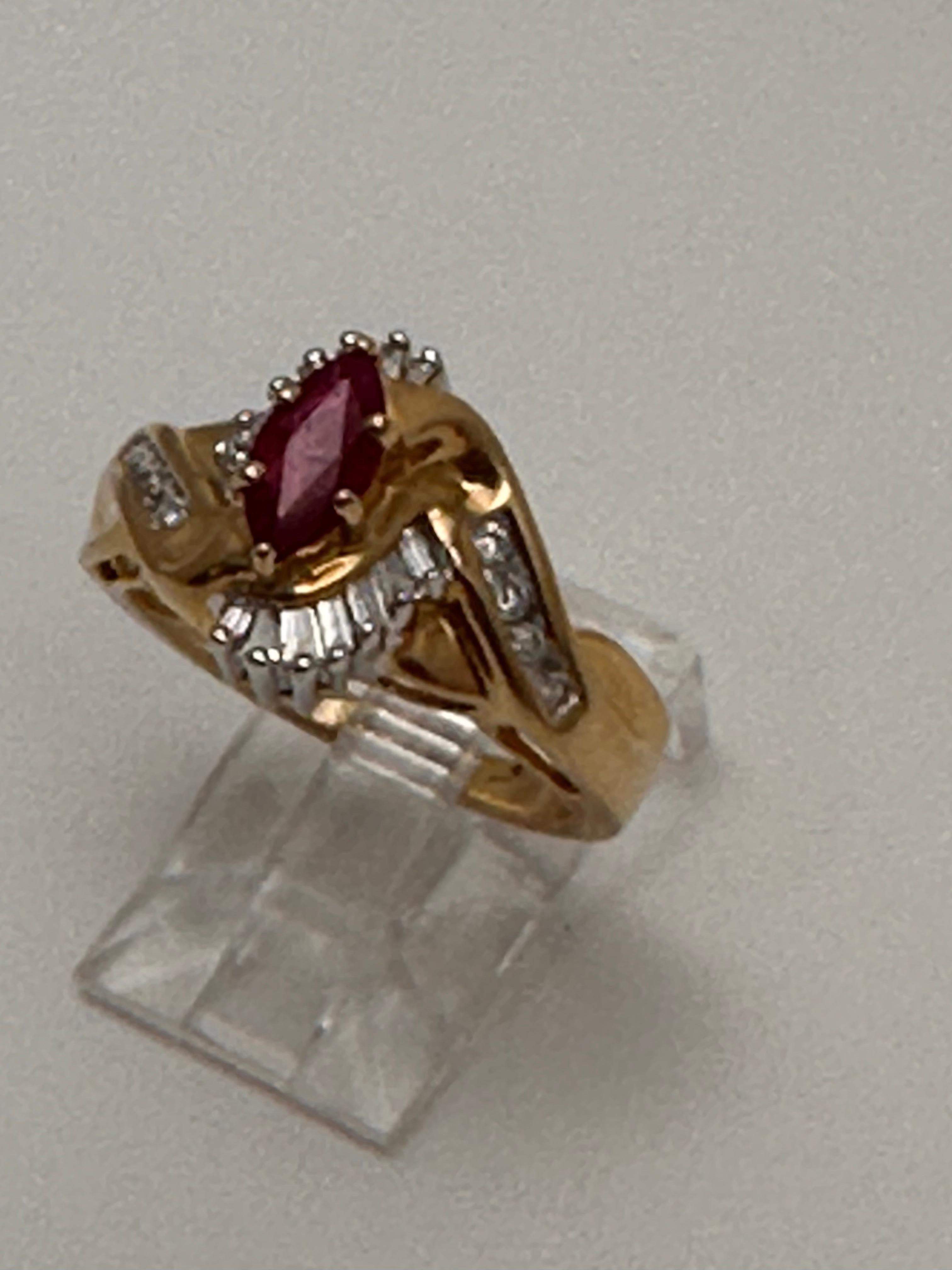 Marquise Cut 14k Yellow Gold ~ 4mm x 8mm Marquise Ruby and Diamond Ring Size 7 For Sale