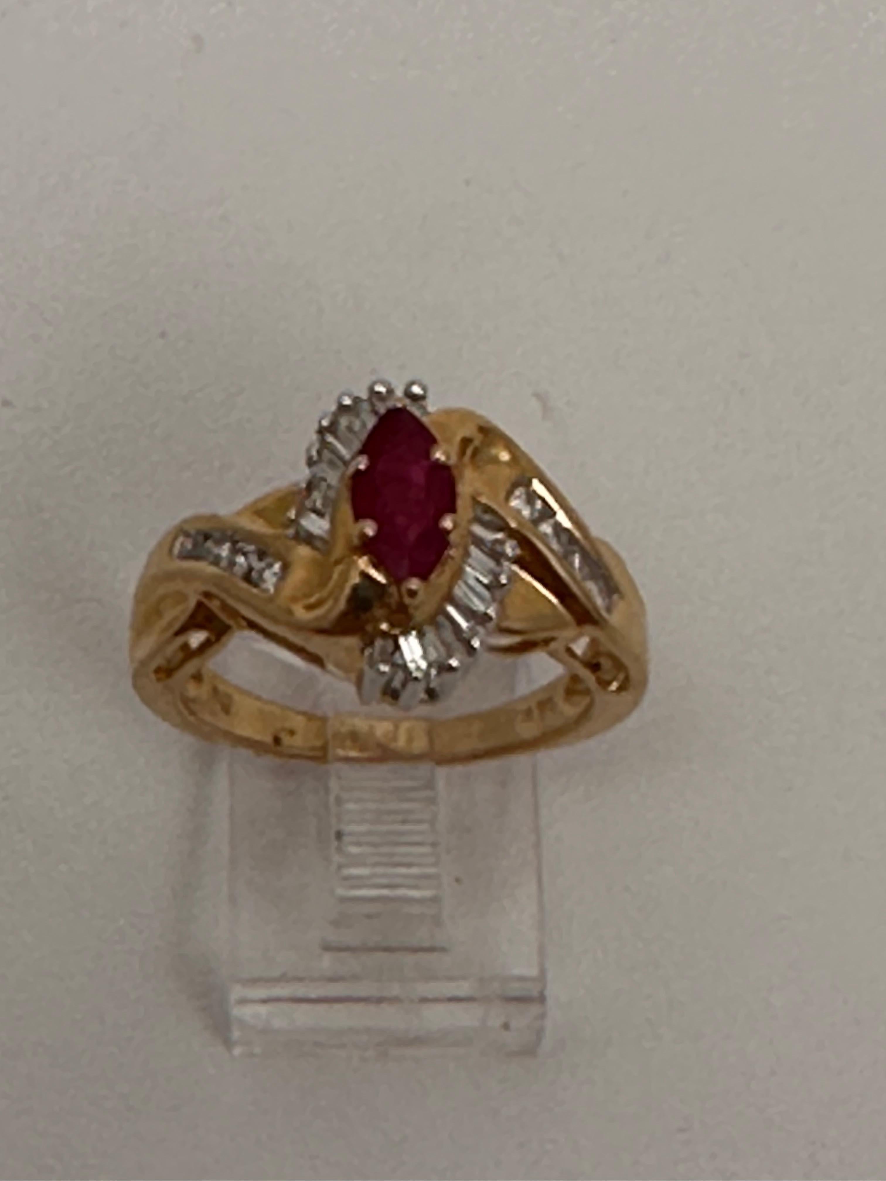 14k Yellow Gold ~ 4mm x 8mm Marquise Ruby and Diamond Ring Size 7 In New Condition For Sale In Las Vegas, NV