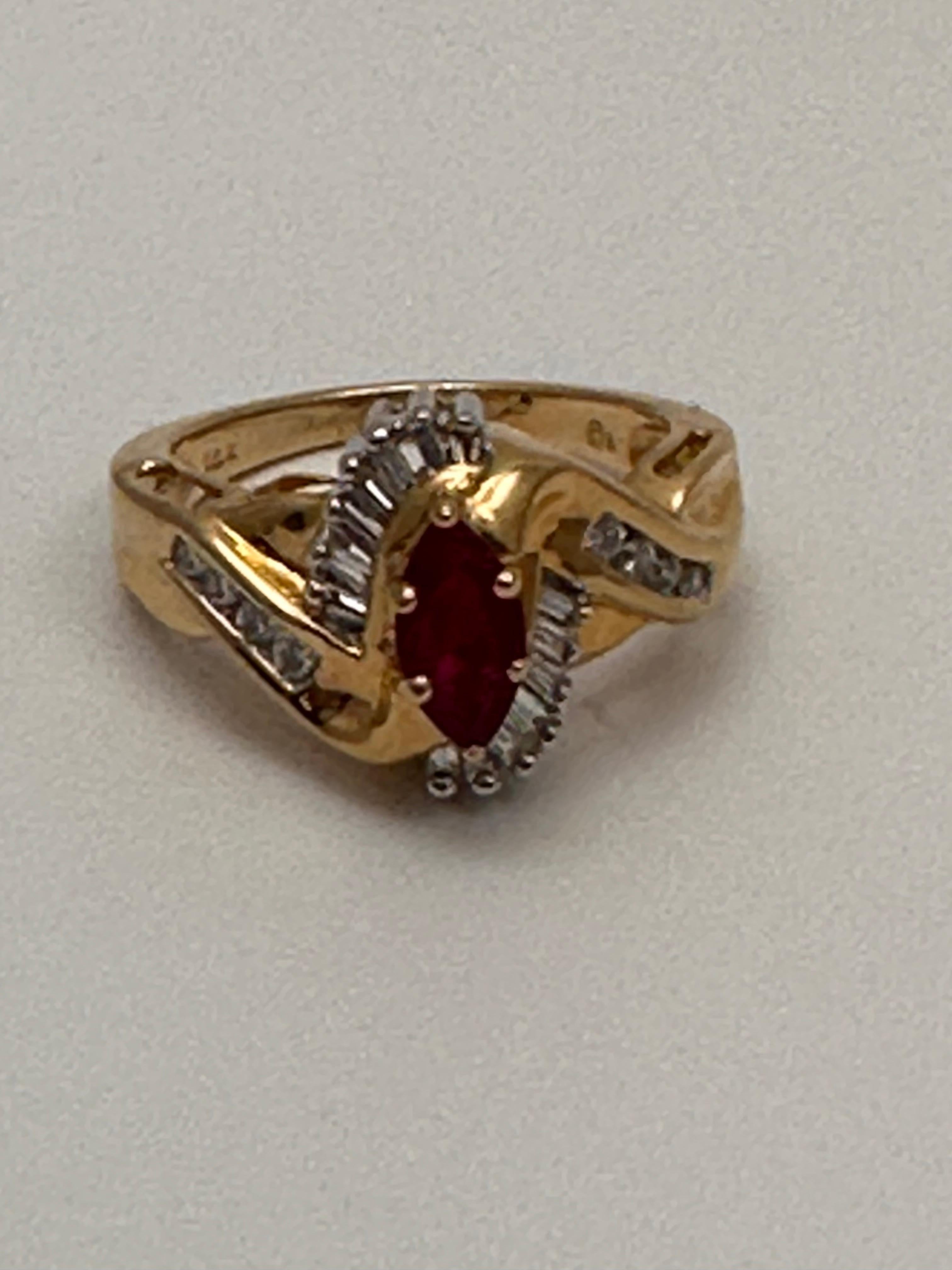 Women's 14k Yellow Gold ~ 4mm x 8mm Marquise Ruby and Diamond Ring Size 7 For Sale