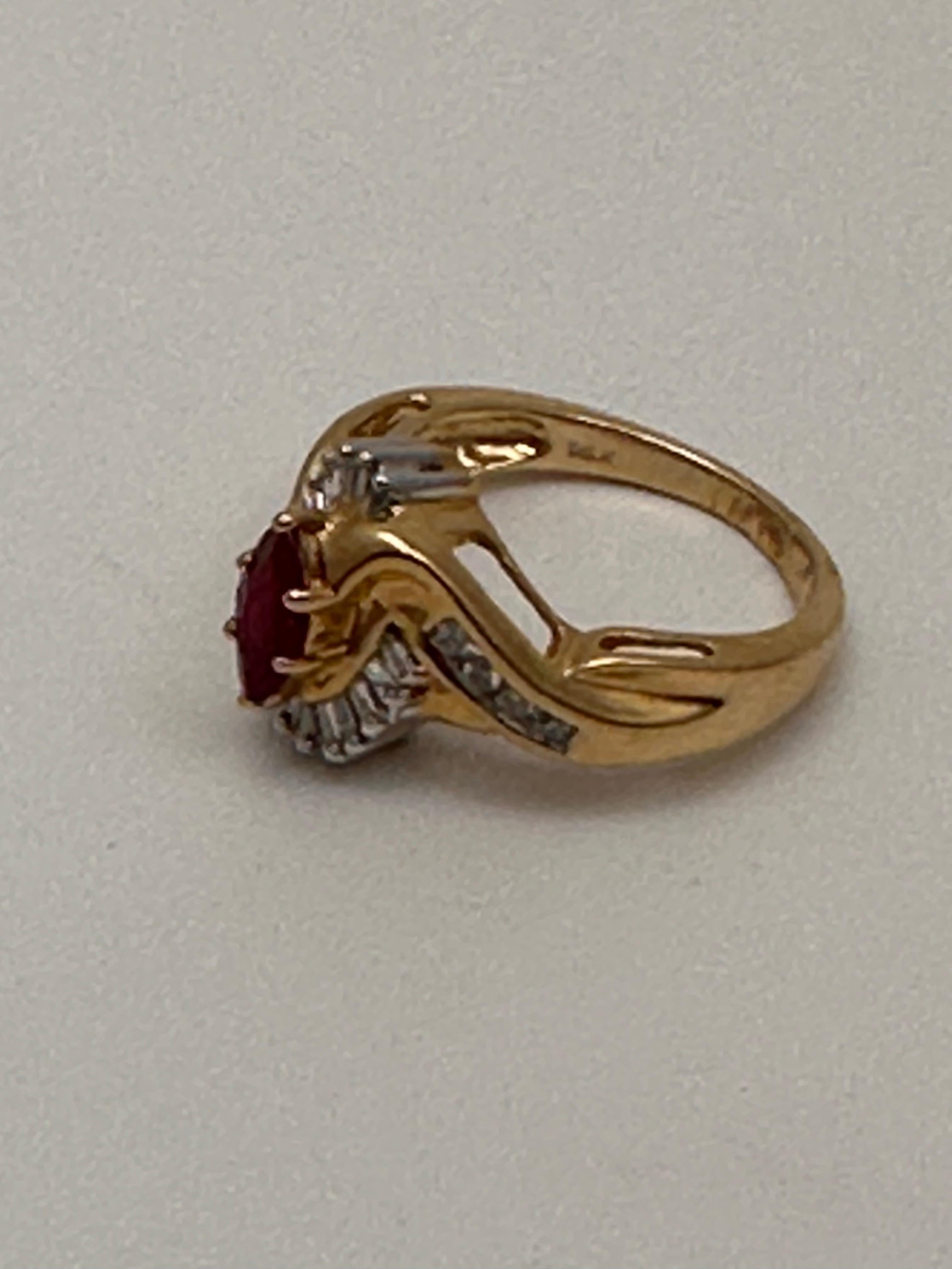 14k Yellow Gold ~ 4mm x 8mm Marquise Ruby and Diamond Ring Size 7 For Sale 1