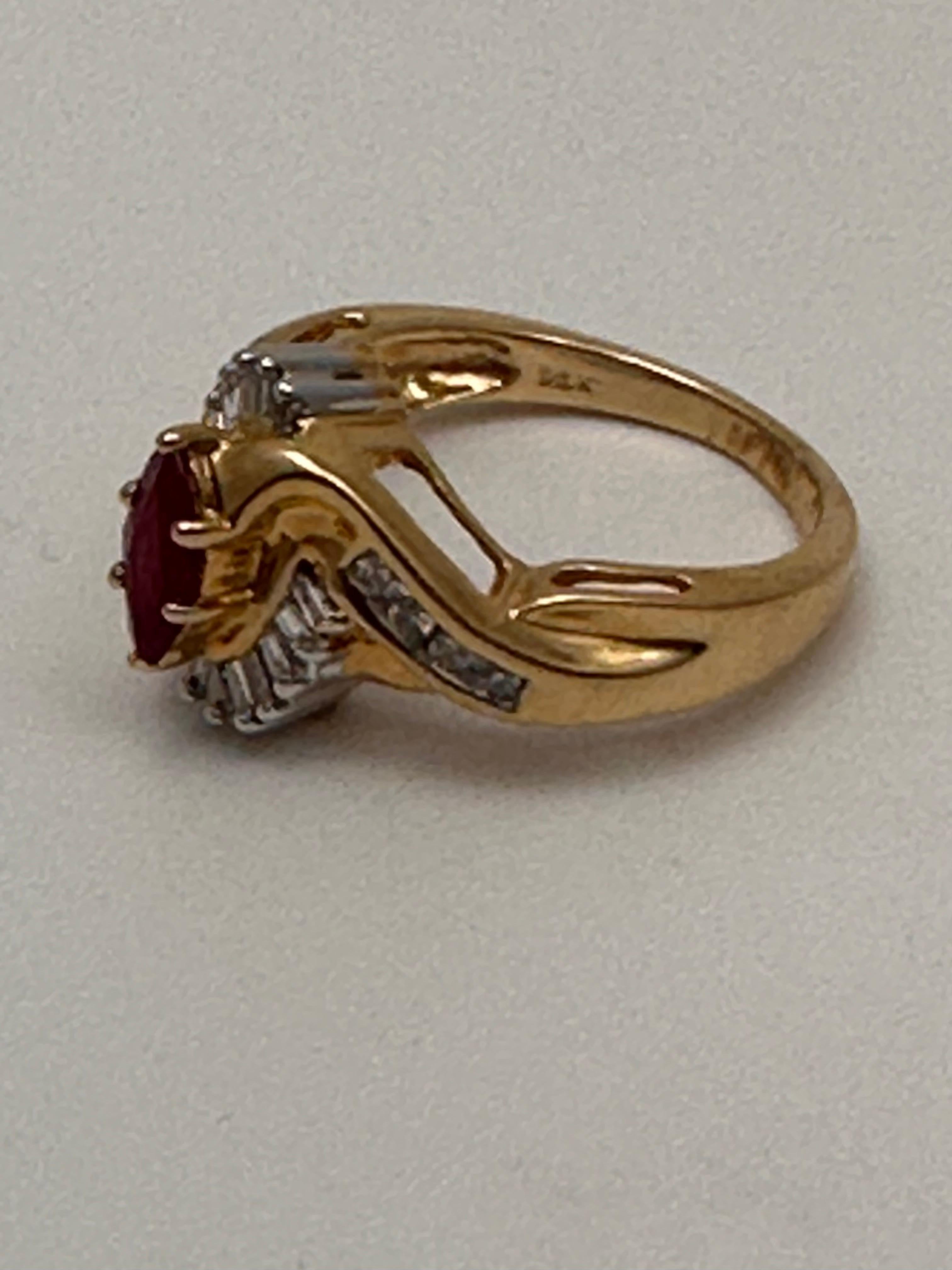 14k Yellow Gold ~ 4mm x 8mm Marquise Ruby and Diamond Ring Size 7 For Sale 2