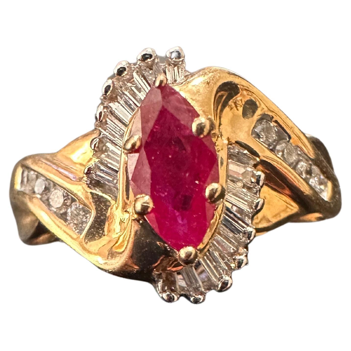 14k Yellow Gold ~ 4mm x 8mm Marquise Ruby and Diamond Ring Size 7 For Sale