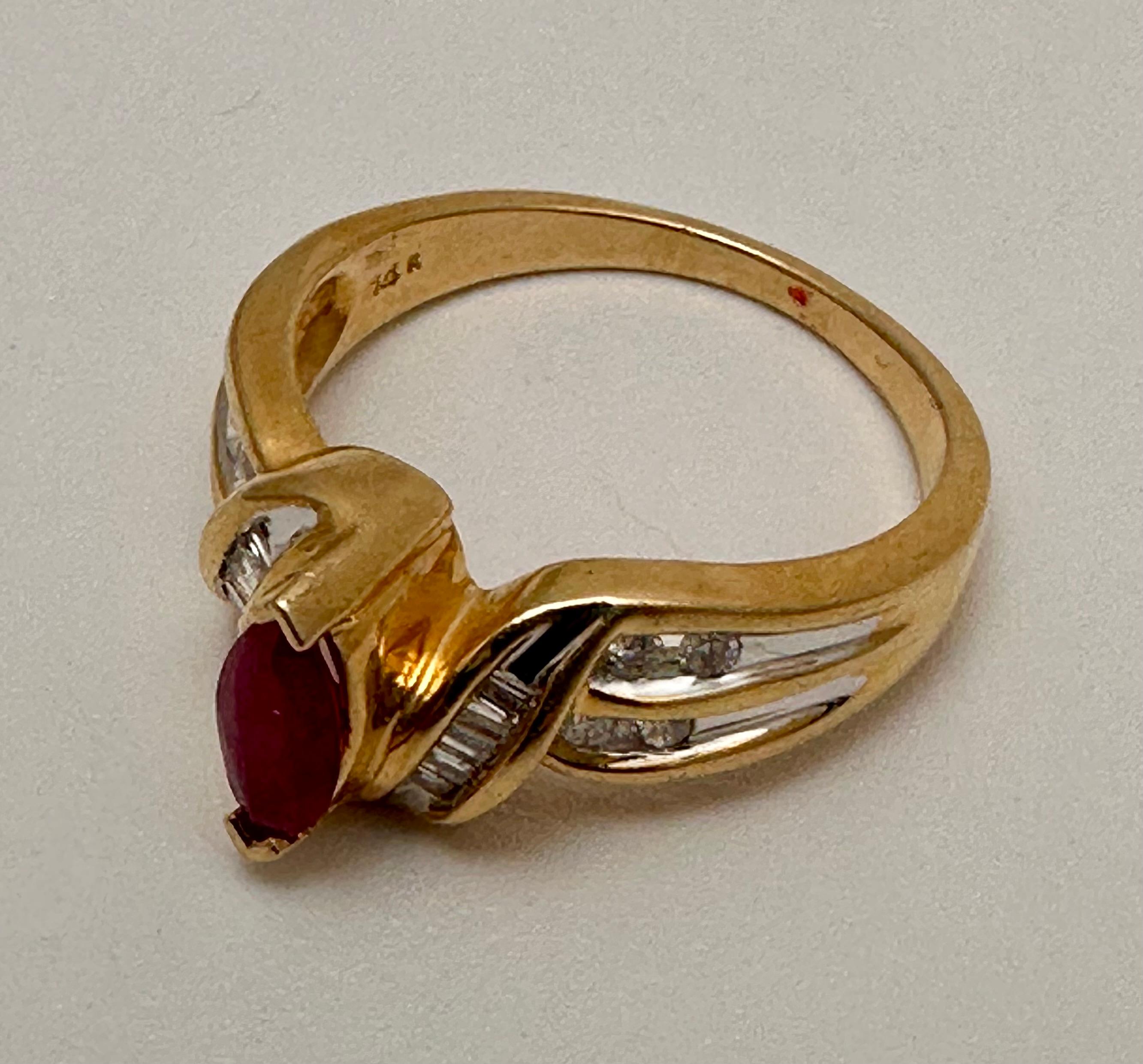 Modern 14k Yellow Gold 4mm x 8mm Marquise Ruby & Baguettes & Round Diamonds Ring Size 7 For Sale