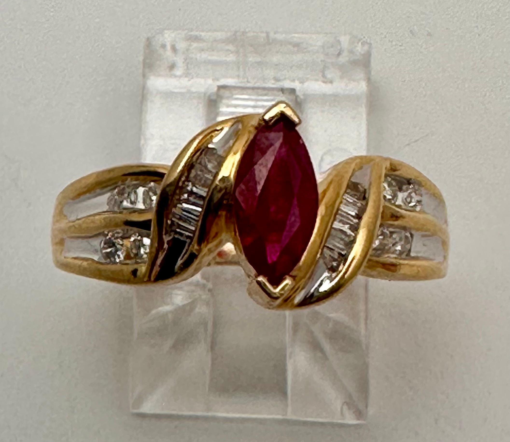 Marquise Cut 14k Yellow Gold 4mm x 8mm Marquise Ruby & Baguettes & Round Diamonds Ring Size 7 For Sale