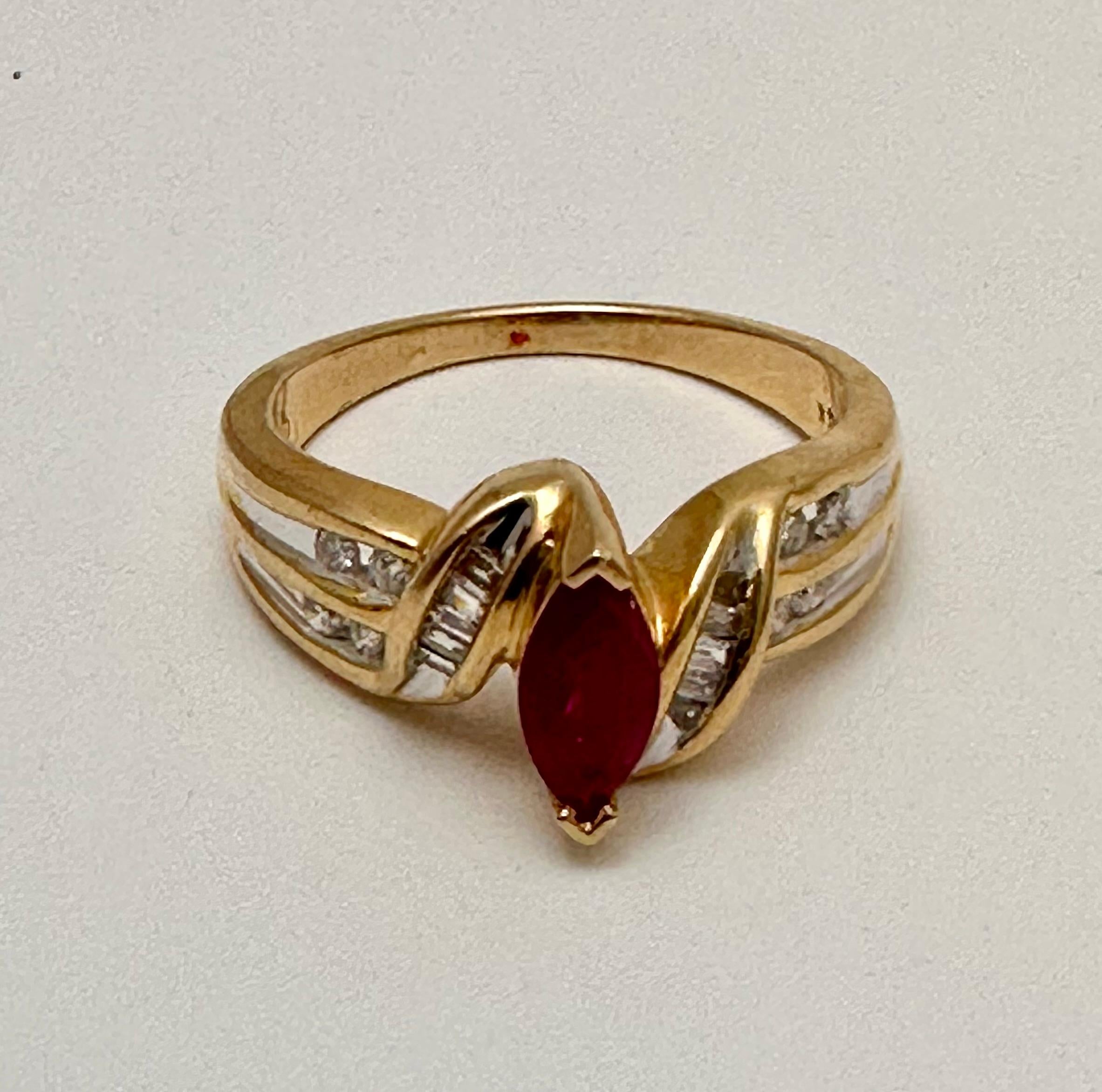 14k Yellow Gold 4mm x 8mm Marquise Ruby & Baguettes & Round Diamonds Ring Size 7 For Sale 1
