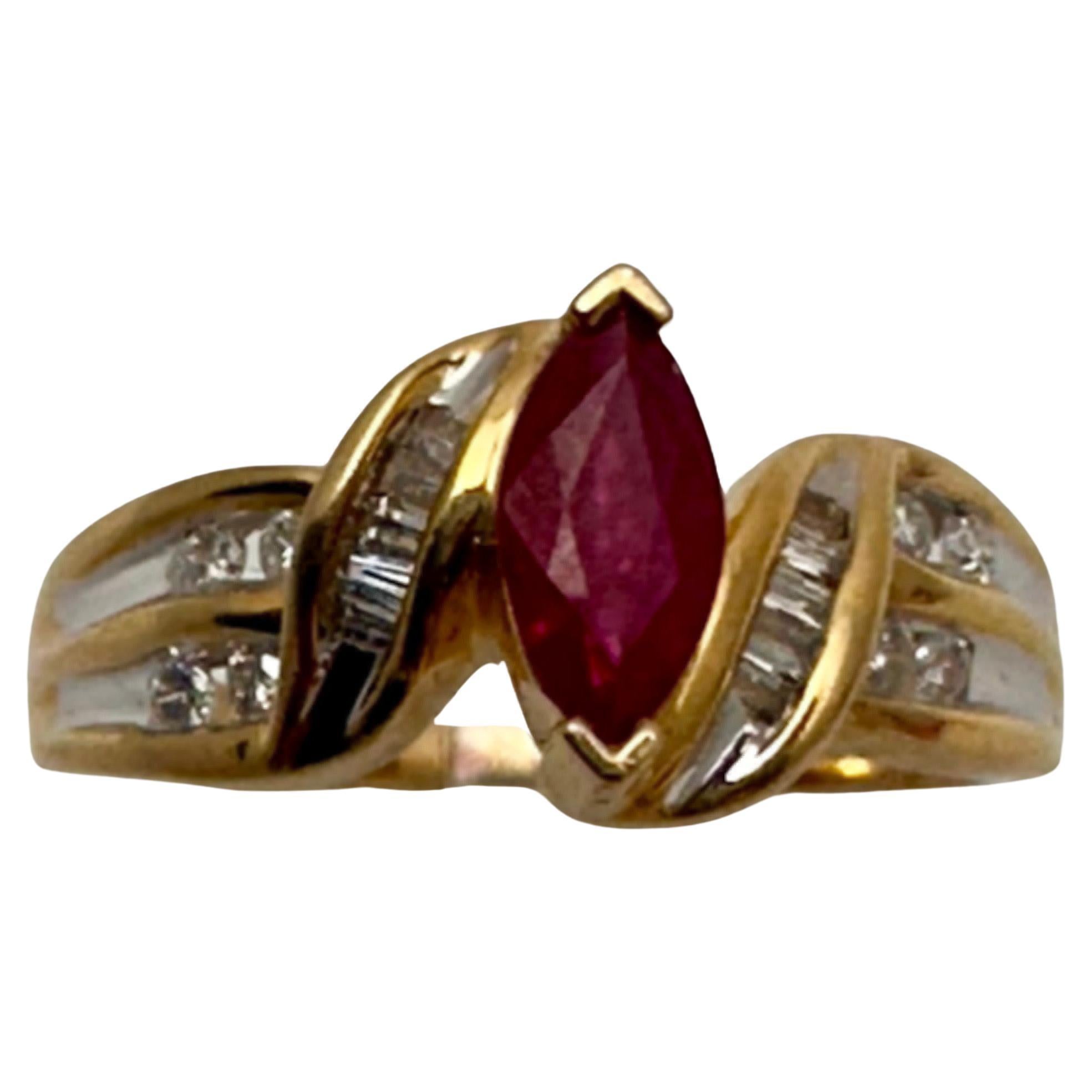 14k Yellow Gold 4mm x 8mm Marquise Ruby & Baguettes & Round Diamonds Ring Size 7 For Sale
