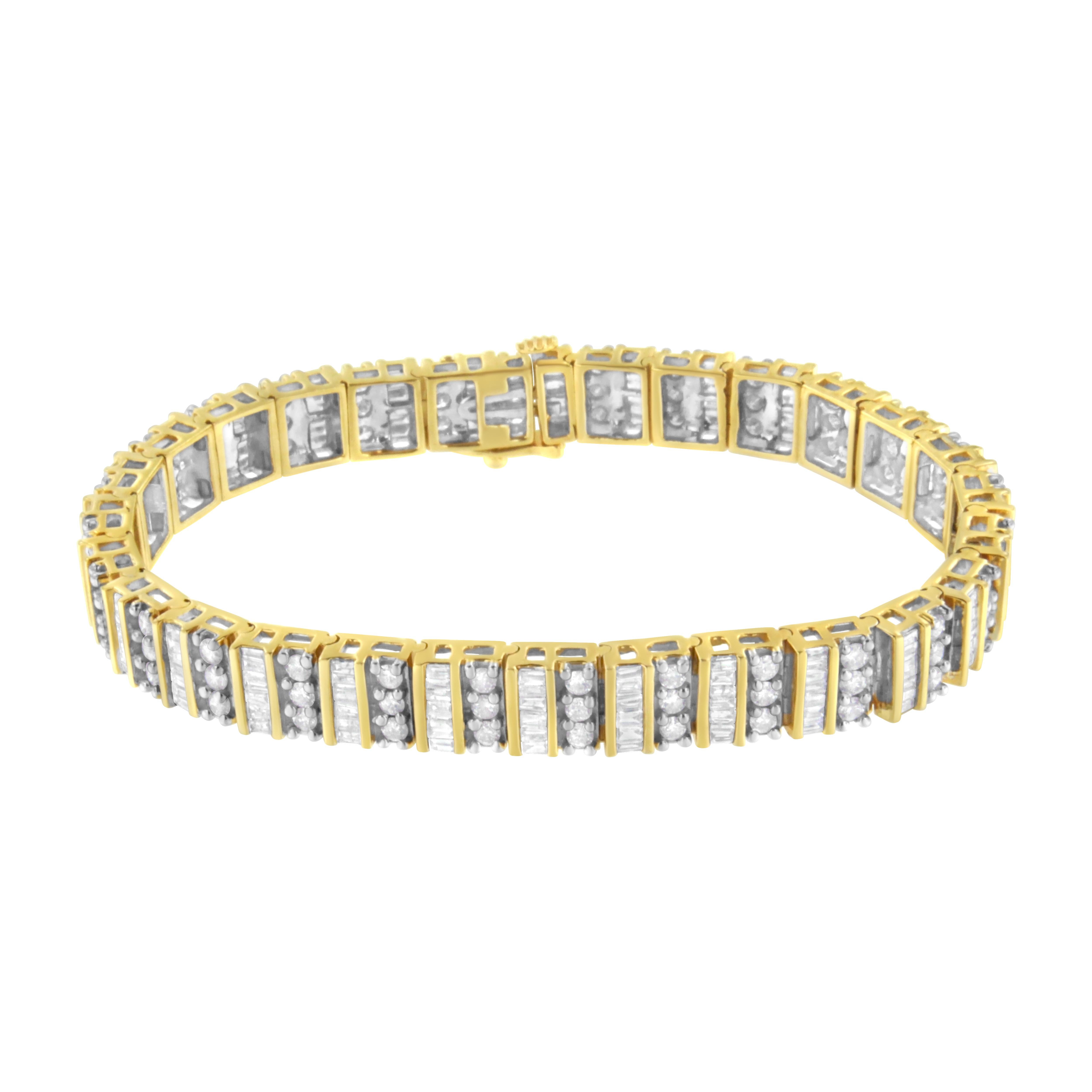 Be a star of the show by wearing this tennis style diamond bracelet. Created with rich 14 karats yellow gold, it is set with shimmering duos of 5 1/2ct round and baguette cut diamonds. Polished high to radiant, this beautiful ornament makes a praise