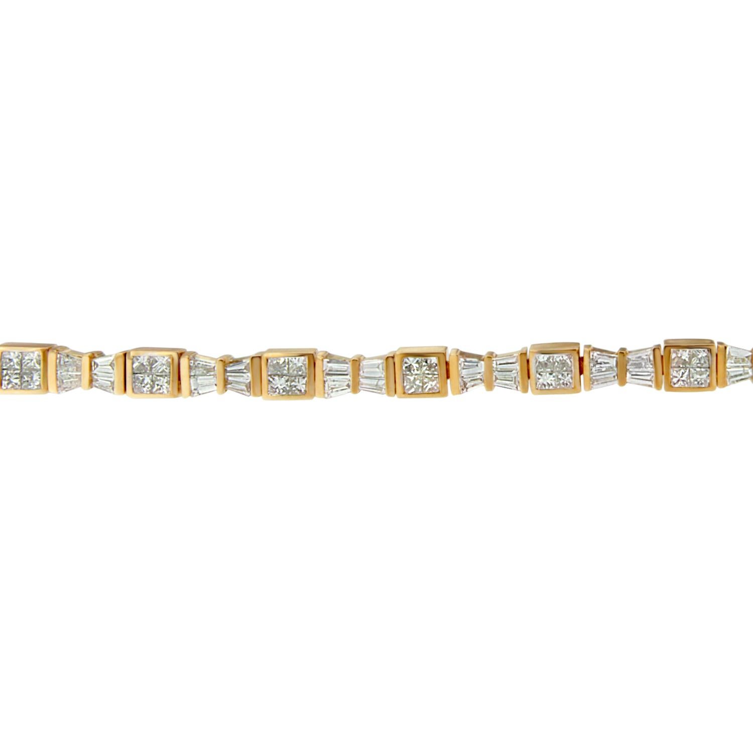 Contemporary 14K Yellow Gold 5 3/4ct Carat Princess and Baguette Cut Diamond Bow Bracelet For Sale