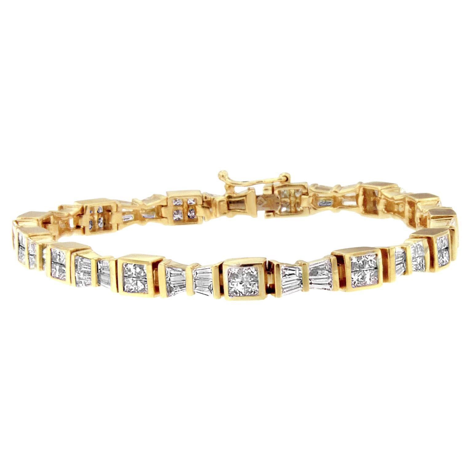 14K Yellow Gold 5 3/4ct Carat Princess and Baguette Cut Diamond Bow Bracelet For Sale