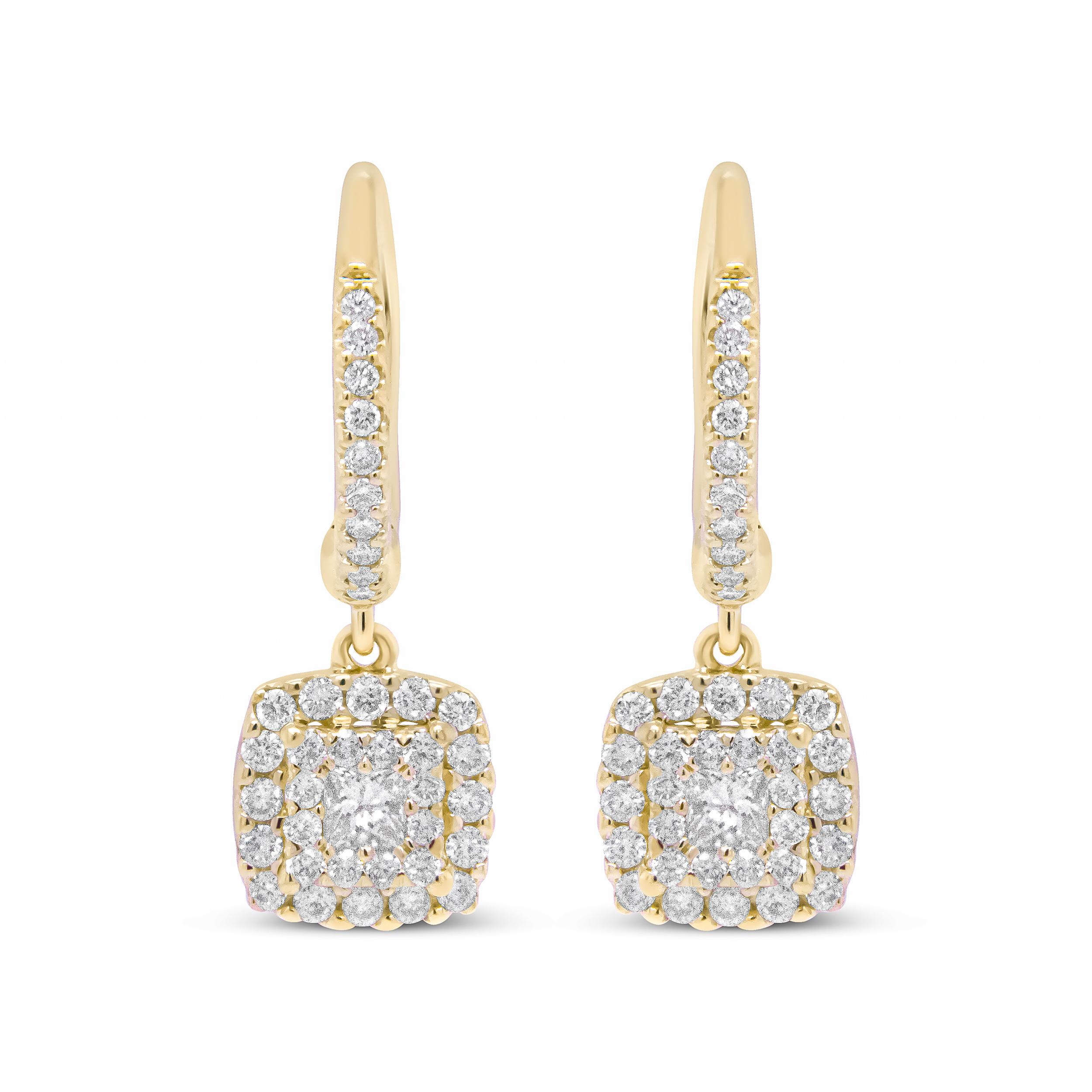 Layer on the sparkle wearing these supremely divine double halo dangle earrings made from genuine 14k yellow gold. At the center of each earring is a gleaming princess-cut diamond in an invisible setting that perfectly showcases this sparkling white