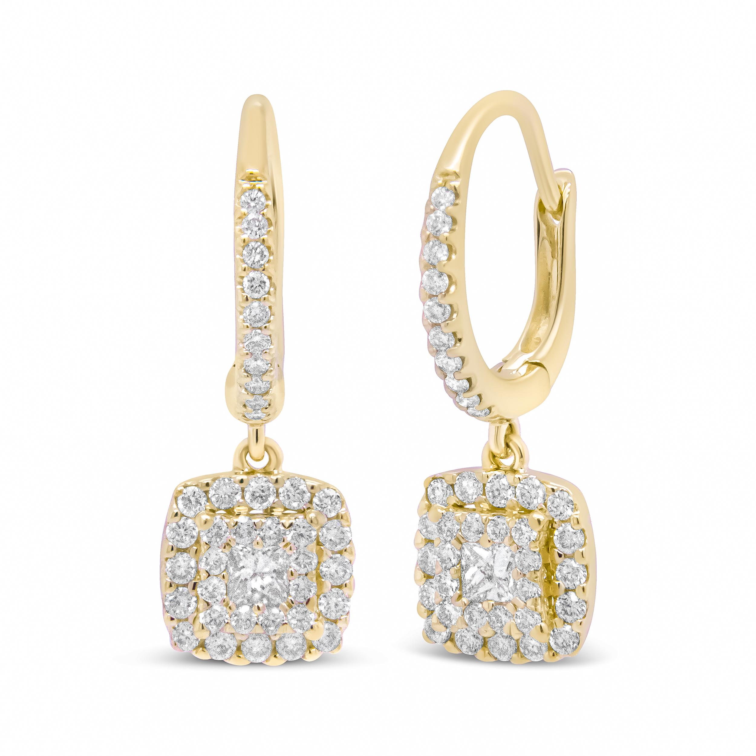 14K Gelbgold 5/8 Karat Prinzessinnen-Diamant Quadratischer Halo-Ohrring (Carréschliff)