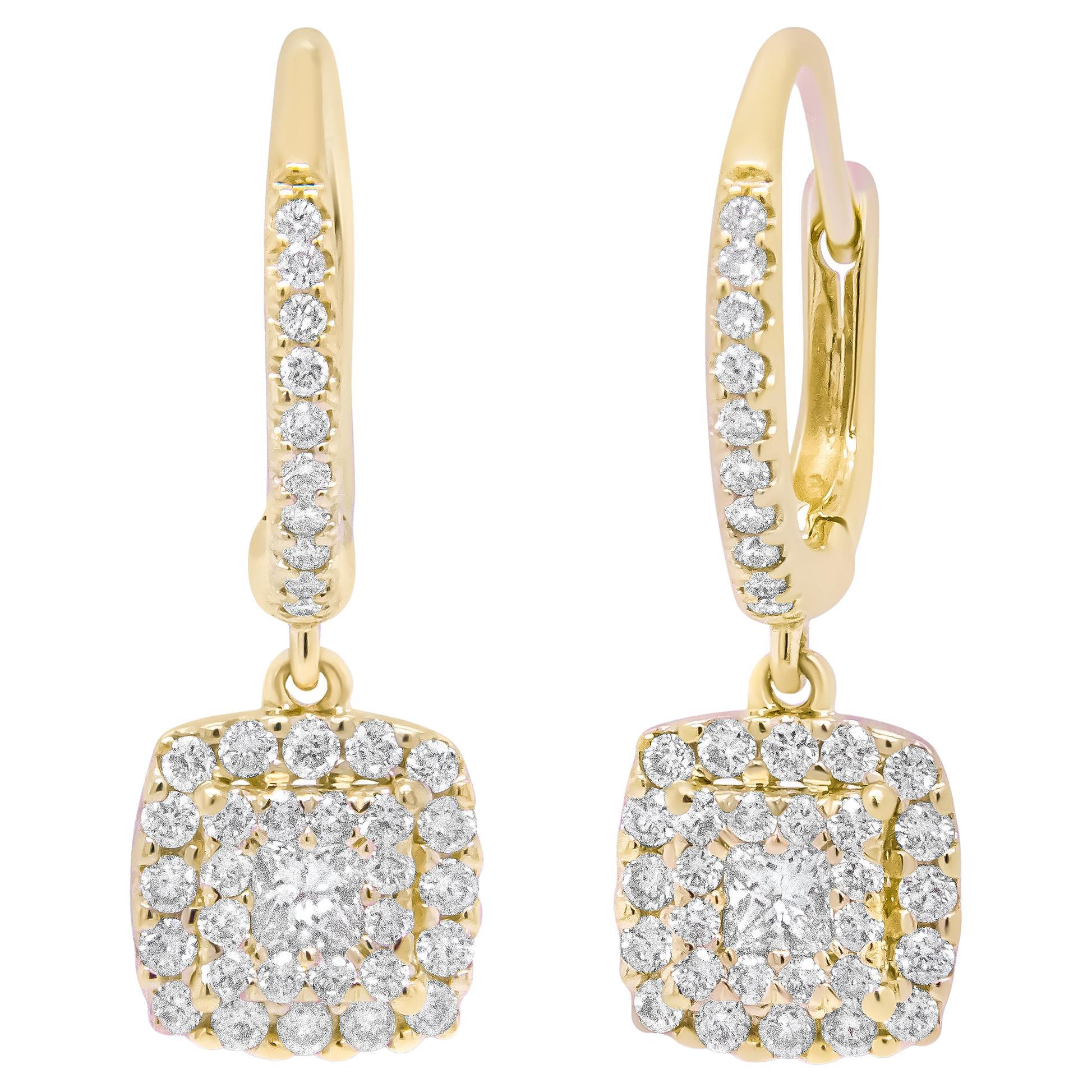 14K Yellow Gold 5/8 Carat Princess Diamond Square Halo Dangle Earring For Sale