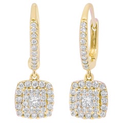 Pendants d'oreilles en or jaune 14 carats avec halo de diamants taille princesse carrée de 5/8 carats