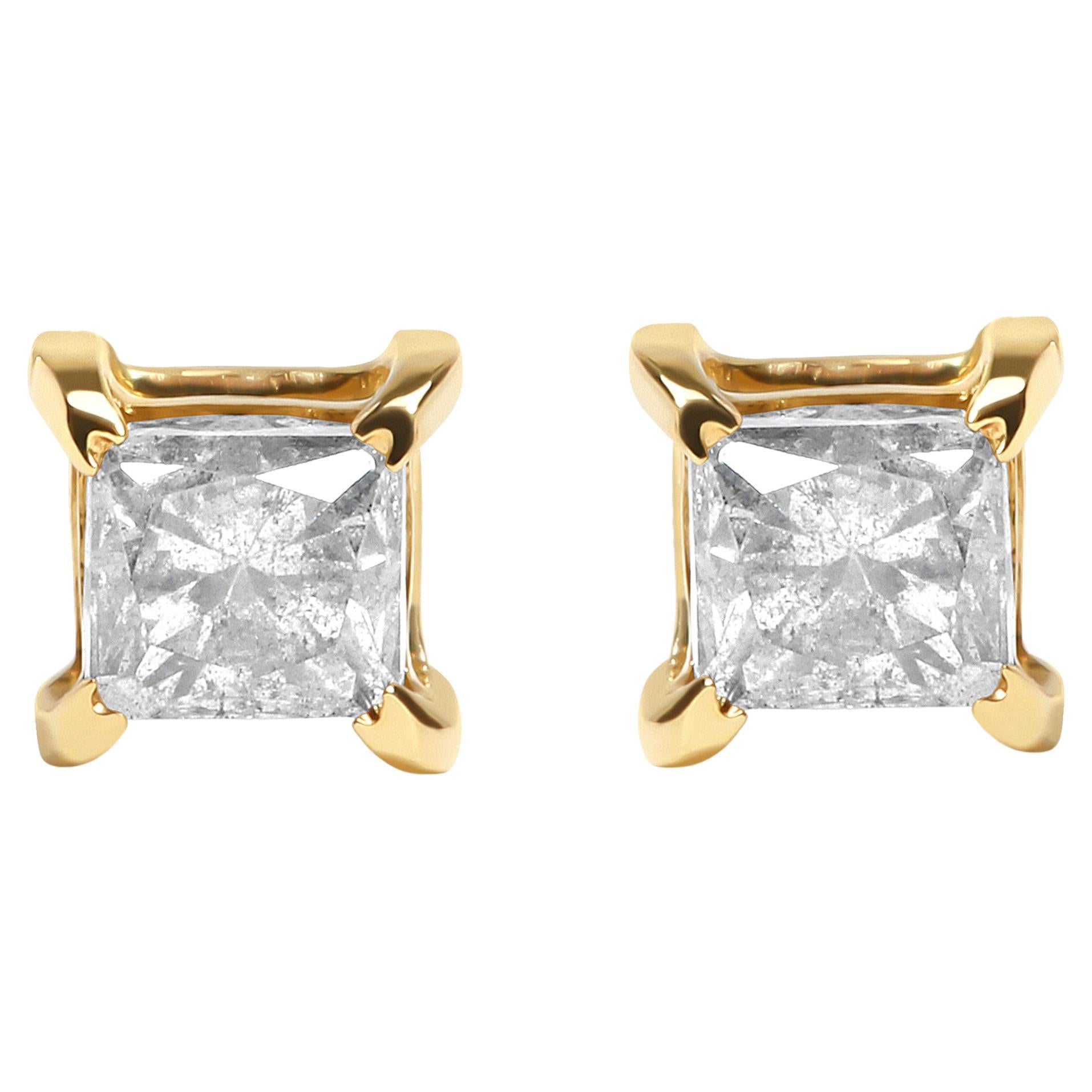 Boucles d'oreilles en or jaune 14 carats 5/8 carats Princesse Diamant naturel de couleur Brown en vente