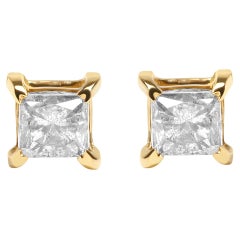 14K Yellow Gold 5/8 Carat Princess Natural Brown Color Diamond Stud Earrings