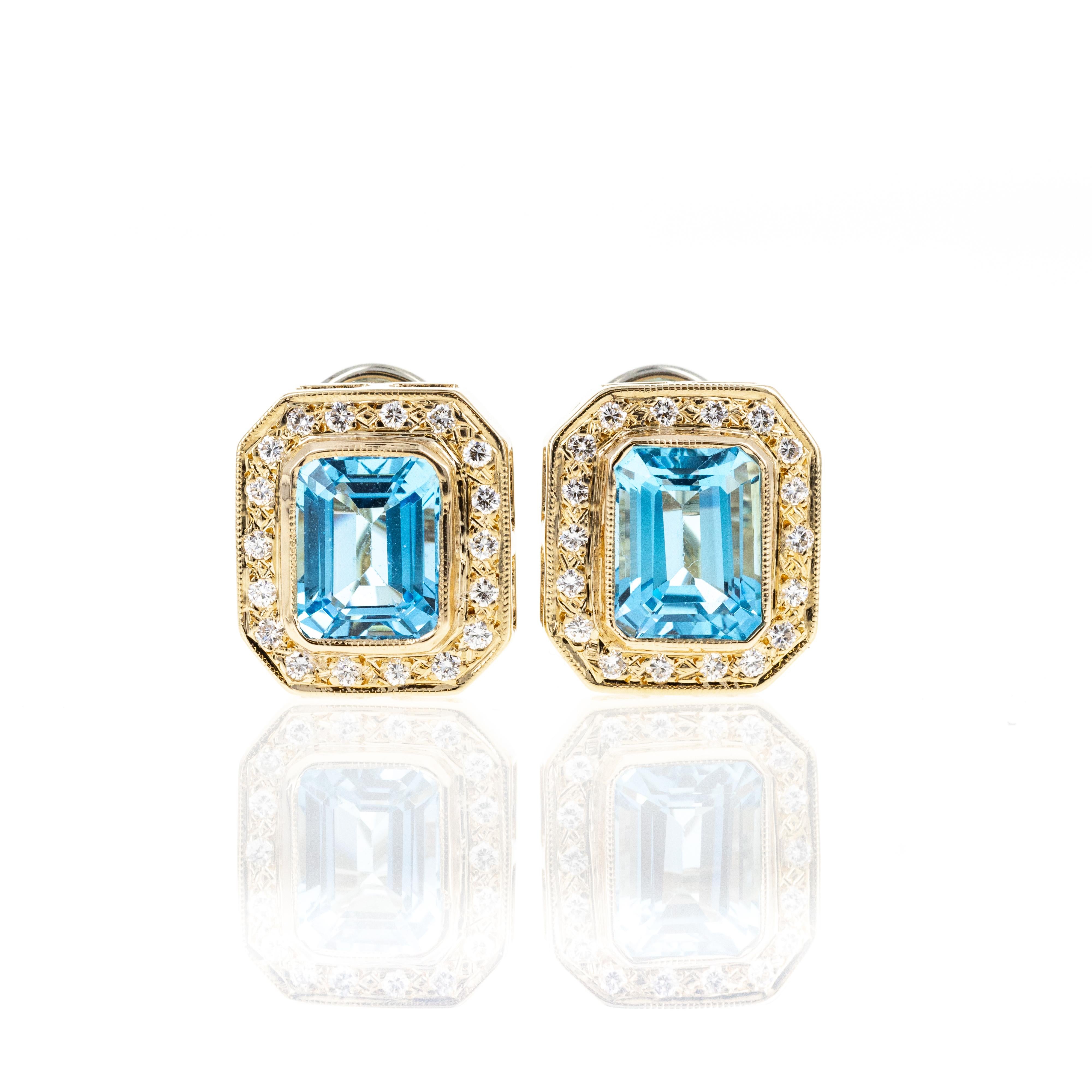 Emerald Cut 14K Yellow Gold 5 Carat Blue Topaz Diamond Omega Back Earrings For Sale