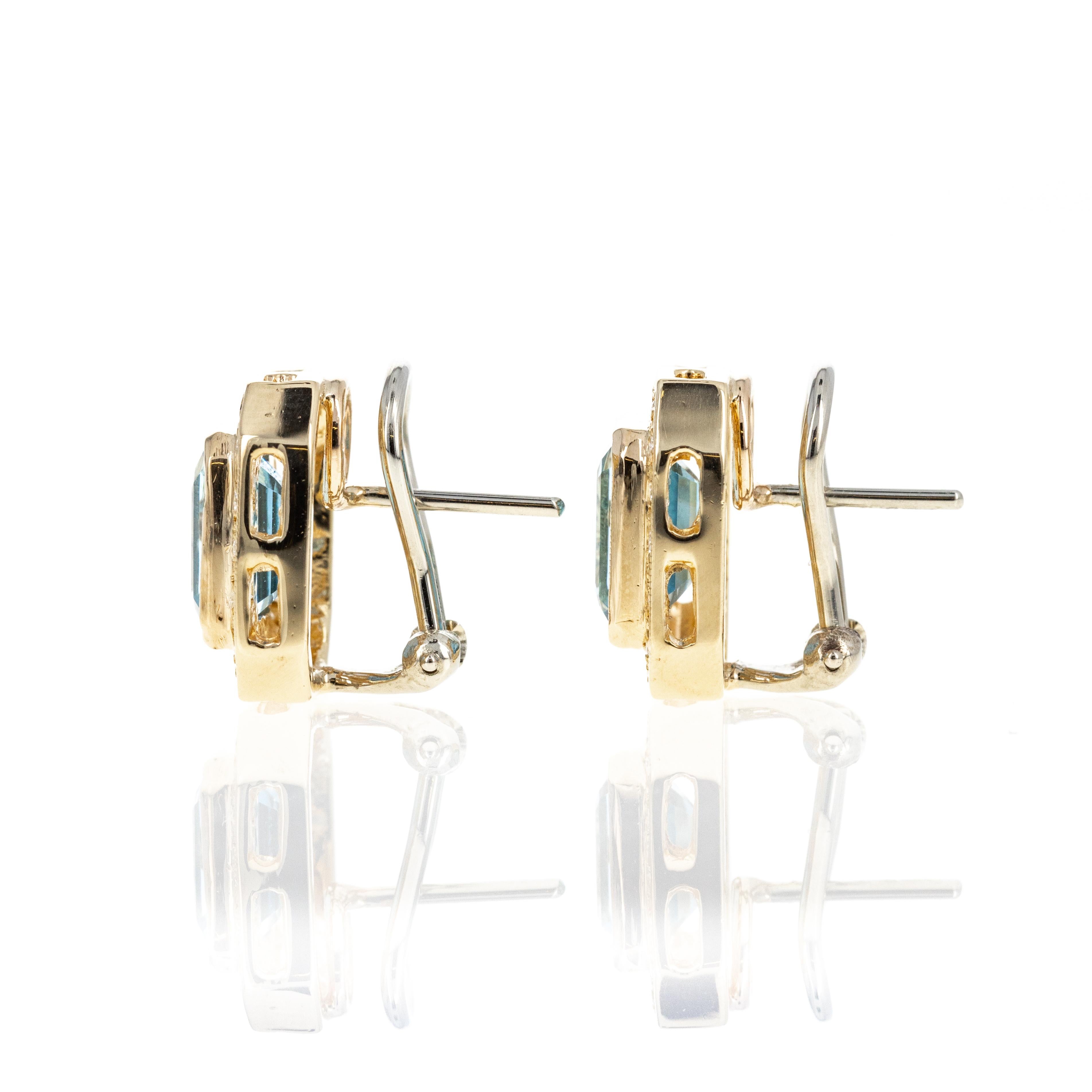 14K Yellow Gold 5 Carat Blue Topaz Diamond Omega Back Earrings In Excellent Condition For Sale In Cape May, NJ