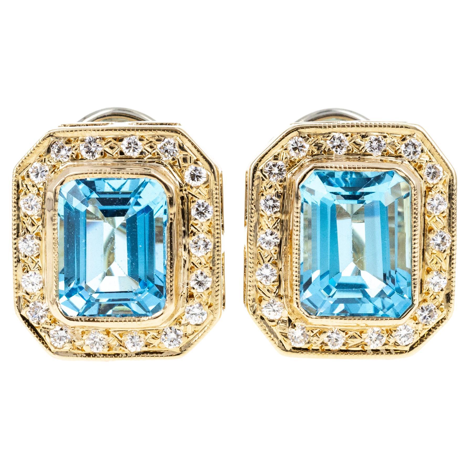 14K Yellow Gold 5 Carat Blue Topaz Diamond Omega Back Earrings For Sale