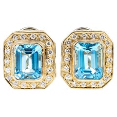 14K Yellow Gold 5 Carat Blue Topaz Diamond Omega Back Earrings