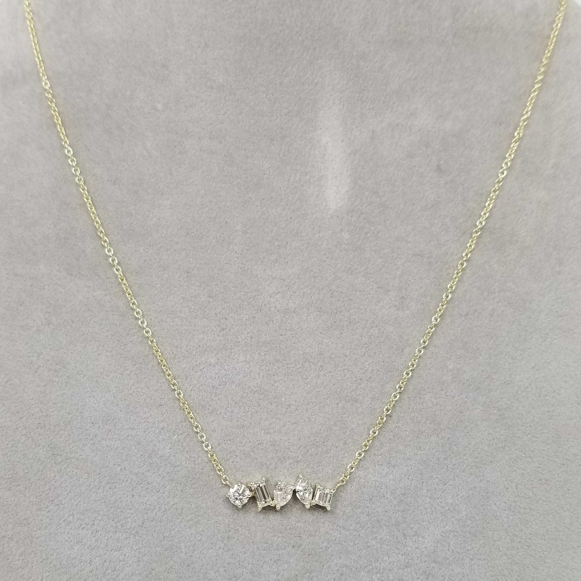 14k yellow gold 5 different cut  prong set diamond necklace with 1.18cts. in diamonds
Specifications:
    main stone: ROUND DIAMONDS
    SIDE STONE: 5 PCS ROUND CUT DIAMONDS
    carat total weight: 1.18 CTW
    color: G
    clarity: VS2-SI1
   