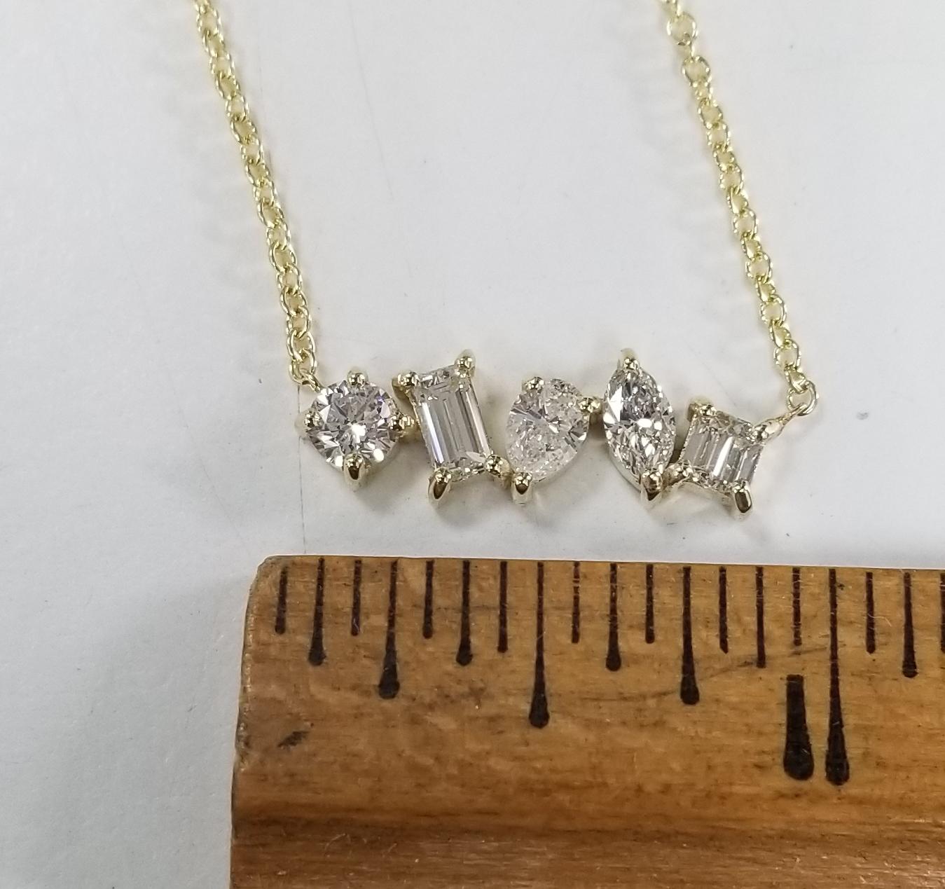 Modern 14k Yellow Gold 5 Different Cut Prong Set Diamond Necklace with 1.18cts. in Dia For Sale