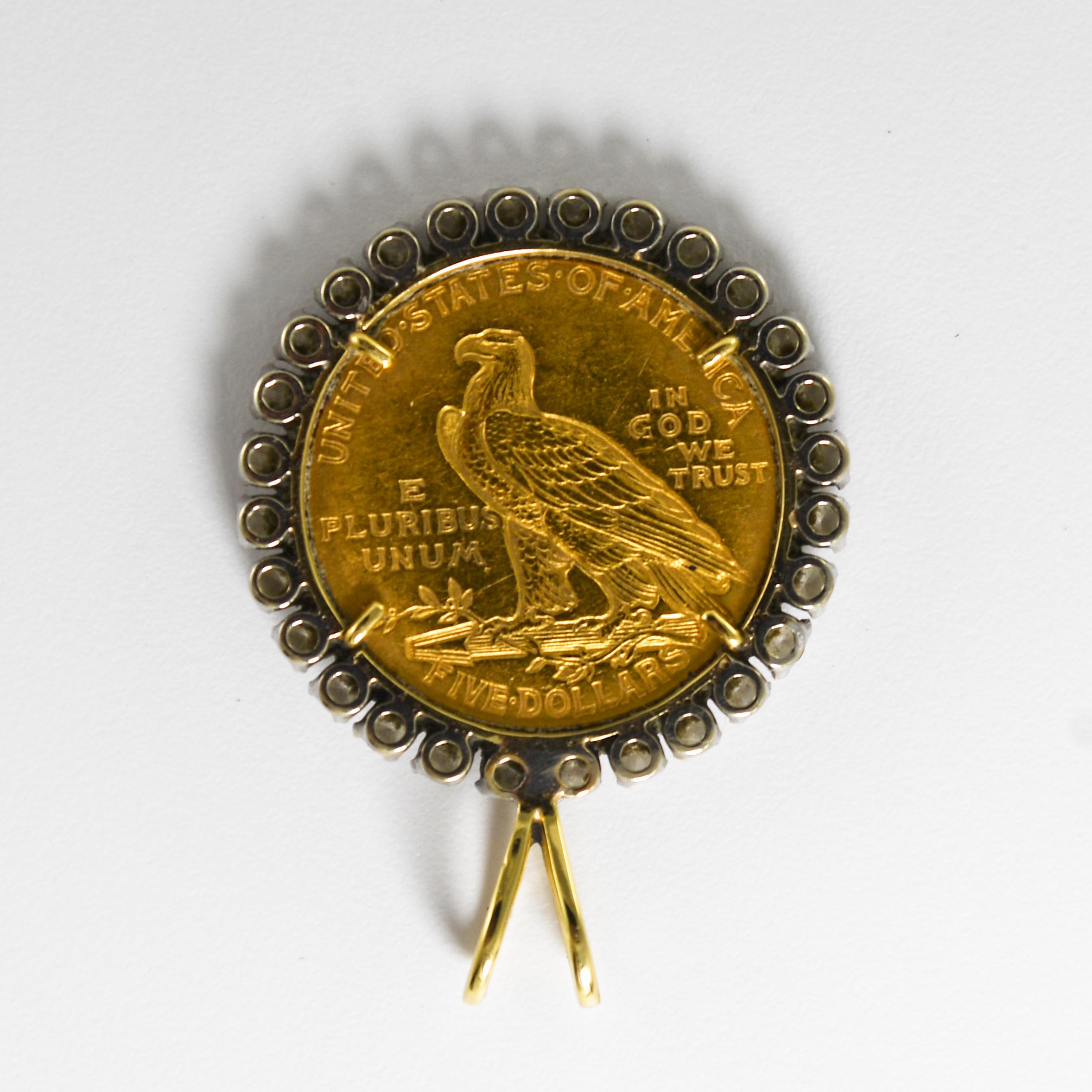 14k yellow gold pendant with $5 gold Indian, a diamond bezel, 1.20tdw.
Total weight 12.6g.