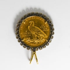 14K Yellow Gold $5 Indian Coin Pendant w/ Diamond Bezel 1.20ct
