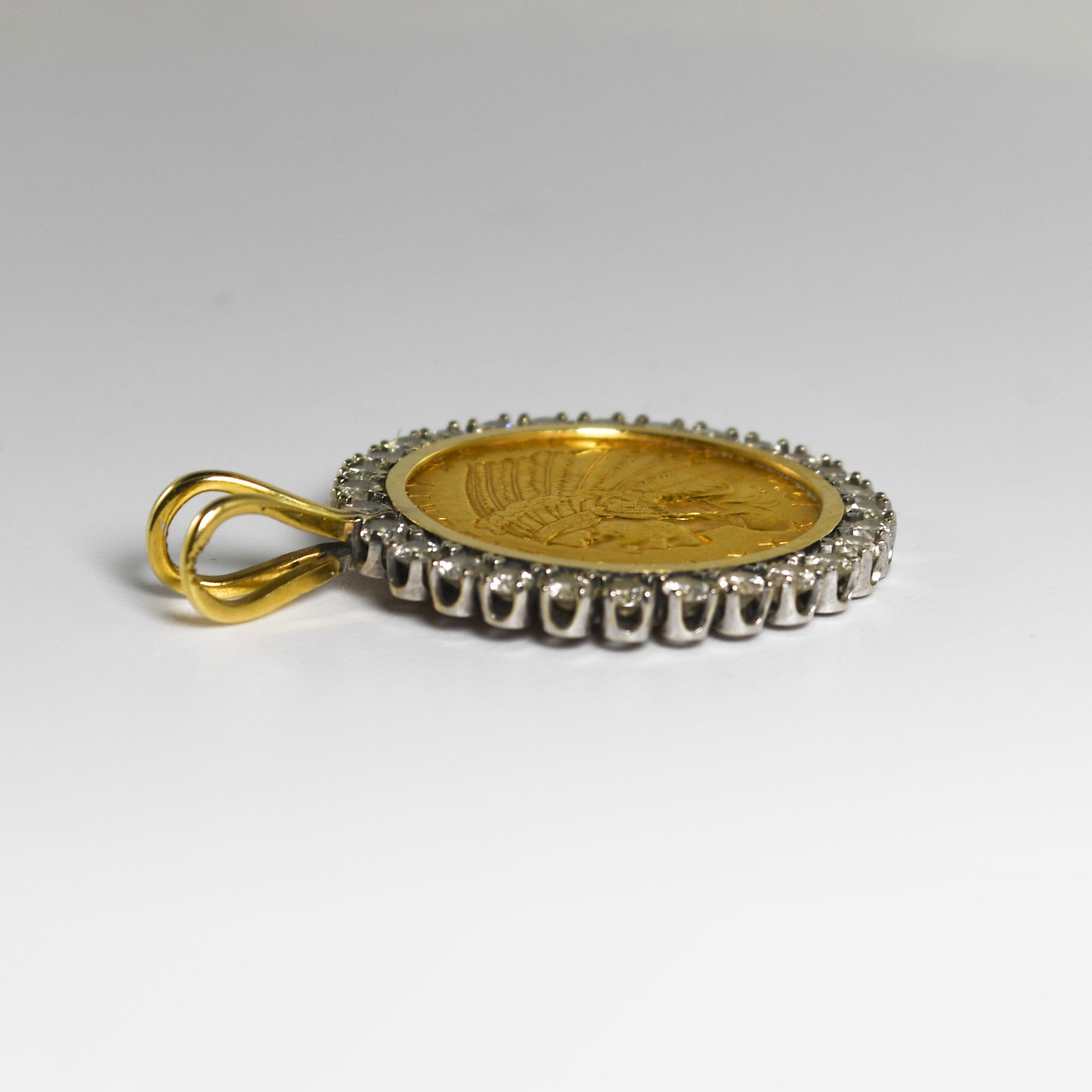 14K Yellow Gold $5 Indian Coin Pendant w/ Diamond Bezel 1.20ct In Excellent Condition In Laguna Beach, CA