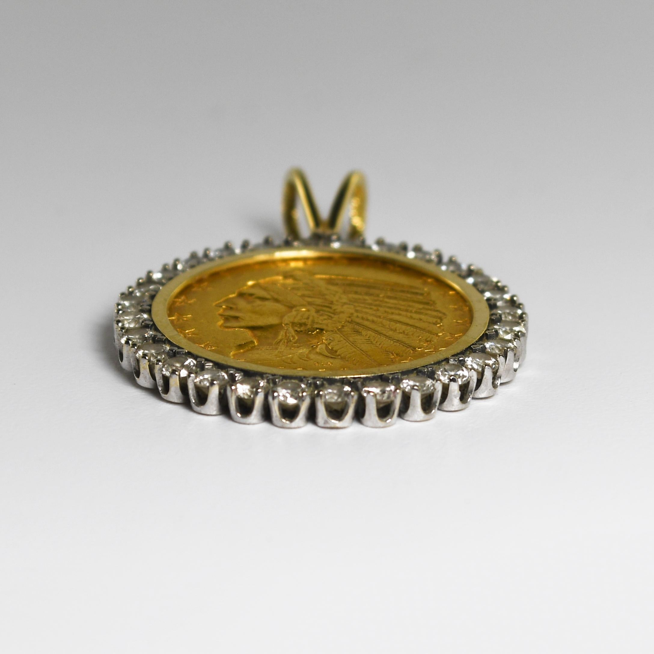 Women's or Men's 14K Yellow Gold $5 Indian Coin Pendant w/ Diamond Bezel 1.20ct