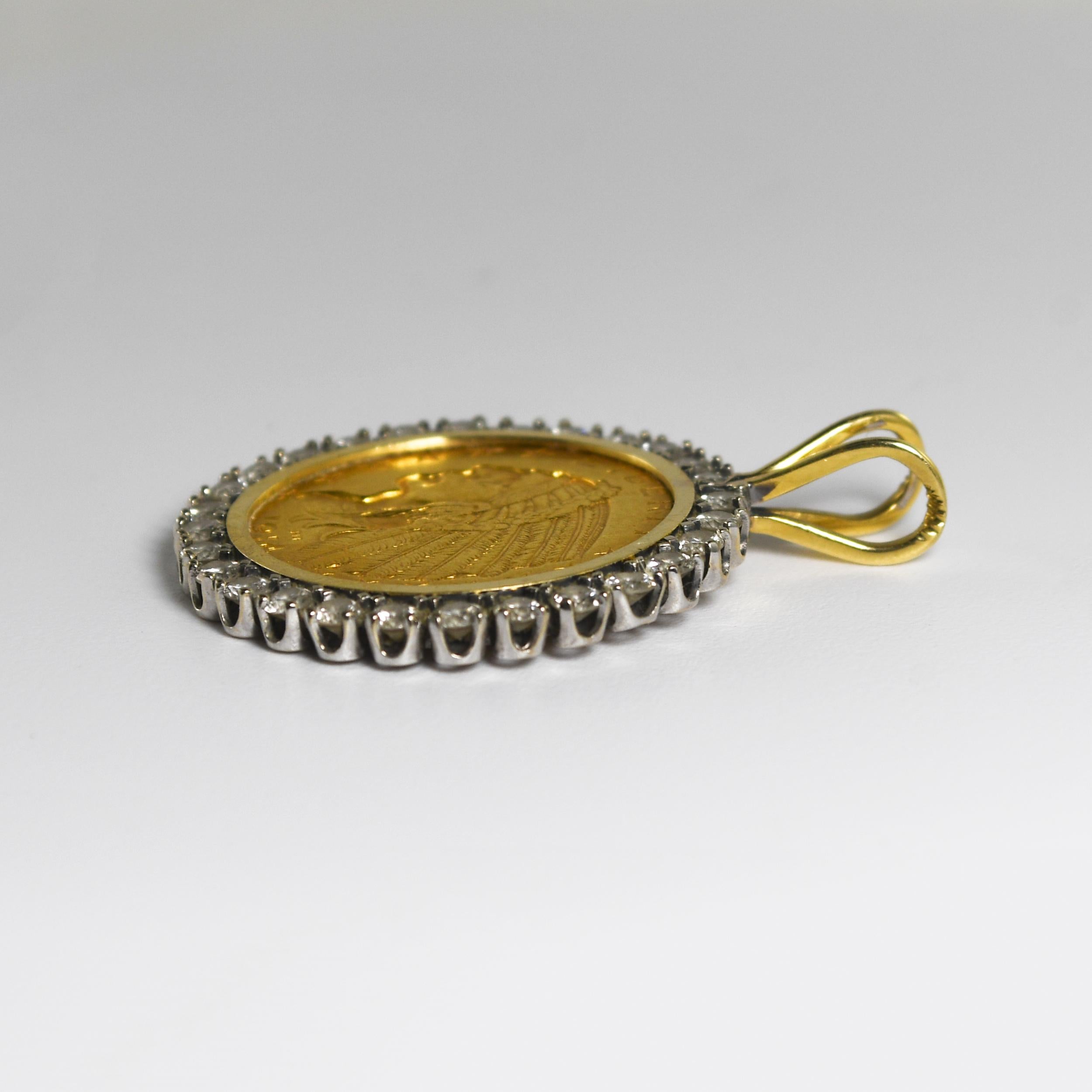 14K Yellow Gold $5 Indian Coin Pendant w/ Diamond Bezel 1.20ct 1