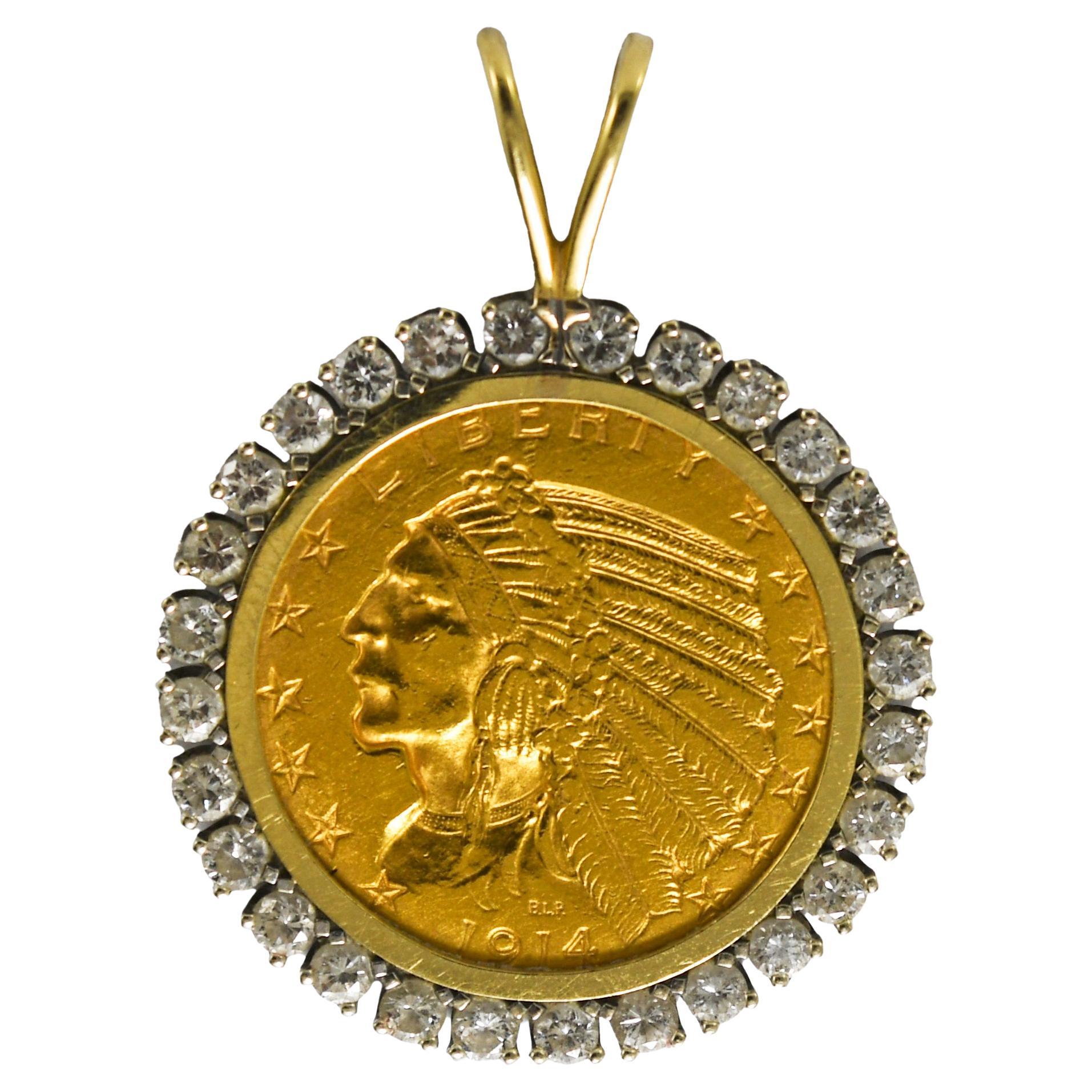 14K Yellow Gold $5 Indian Coin Pendant w/ Diamond Bezel 1.20ct