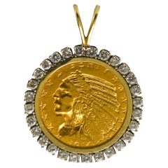 14K Yellow Gold $5 Indian Coin Pendant w/ Diamond Bezel 1.20ct