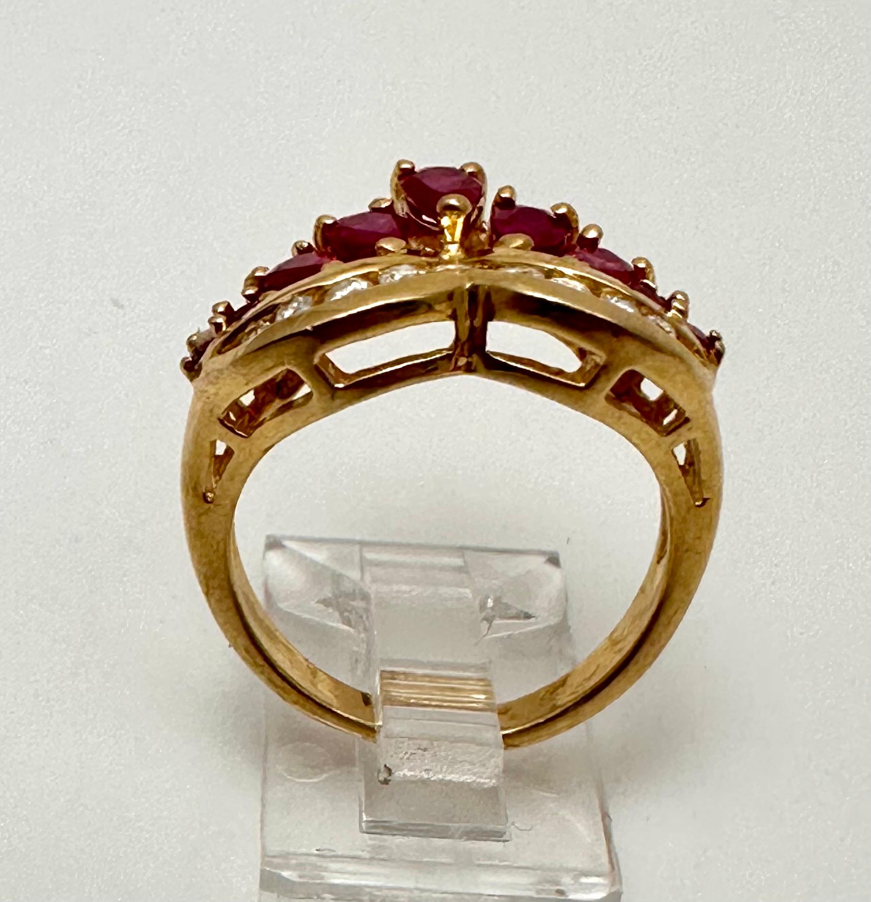 Pear Cut 14k Yellow Gold ~ 5 Pear Shape + 2 Round Rubies ~ 9 Diamonds Ring Size 6 1/4 For Sale