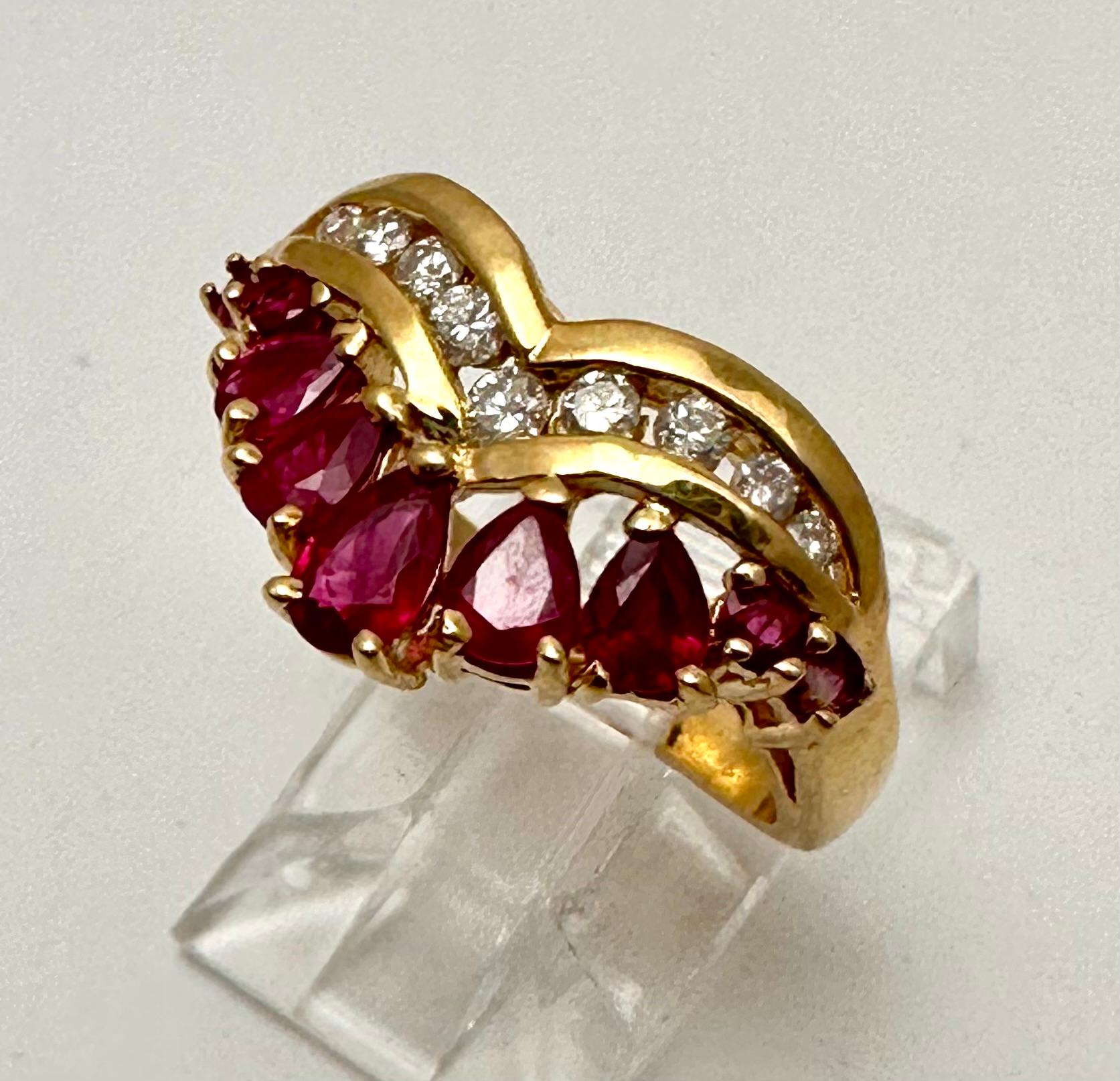 14k Yellow Gold ~ 5 Pear Shape + 2 Round Rubies ~ 9 Diamonds Ring Size 6 1/4 In New Condition For Sale In Las Vegas, NV