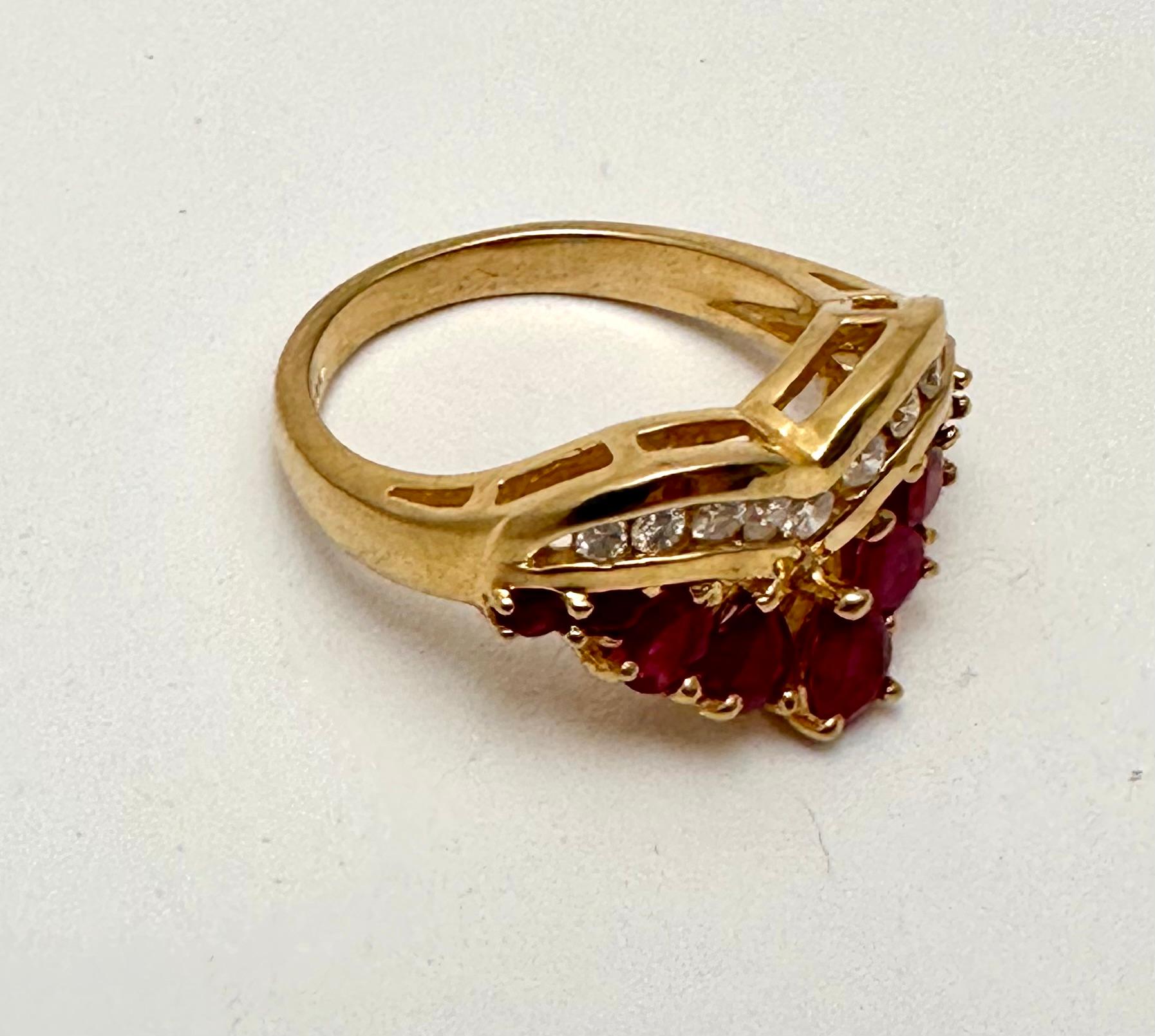14k Yellow Gold ~ 5 Pear Shape + 2 Round Rubies ~ 9 Diamonds Ring Size 6 1/4 For Sale 1