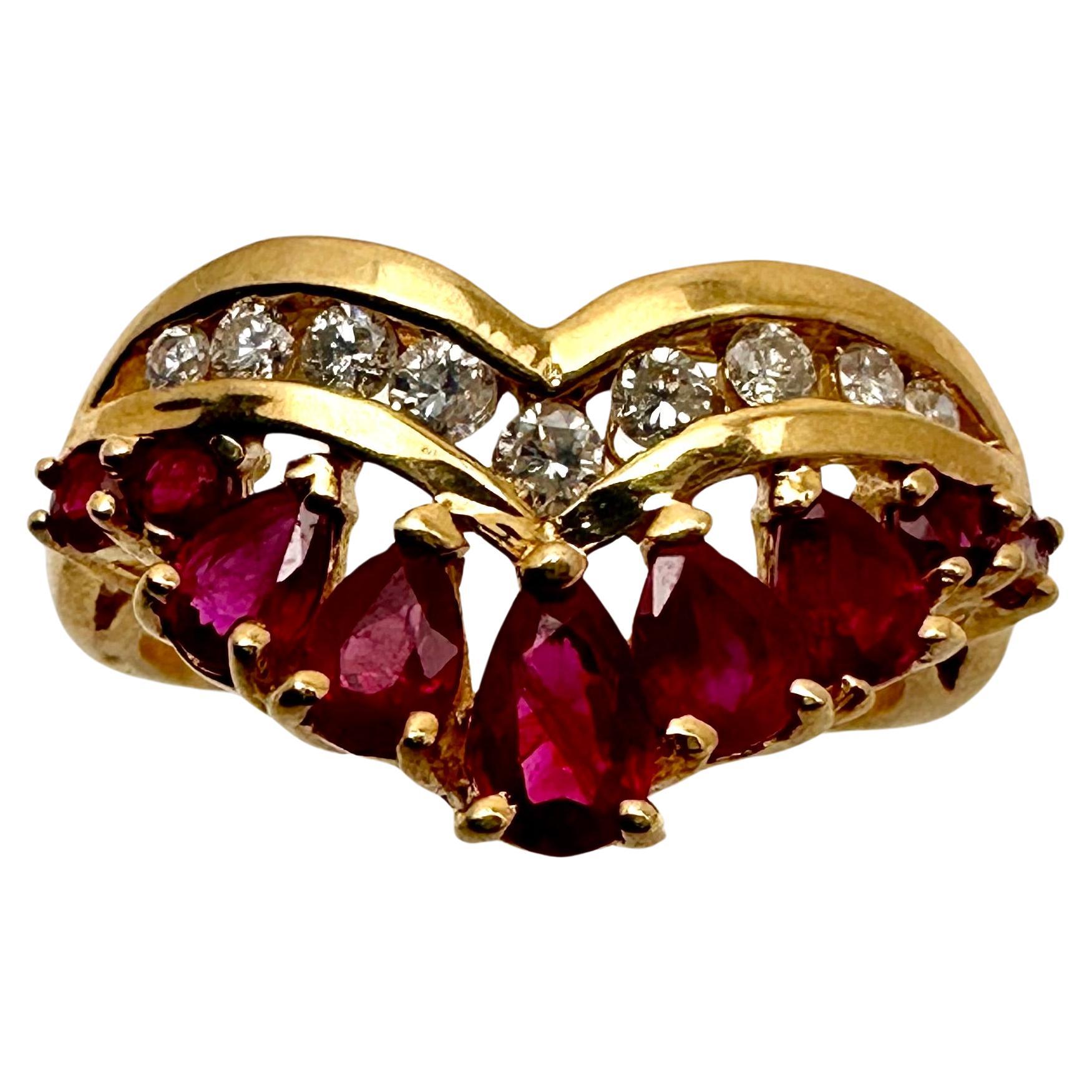 14k Yellow Gold ~ 5 Pear Shape + 2 Round Rubies ~ 9 Diamonds Ring Size 6 1/4 For Sale