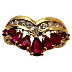Vintage 14k Yellow Gold ~ 5 Pear Shape + 2 Round Rubies ~ 9 Diamonds Ring Size 6 1/4