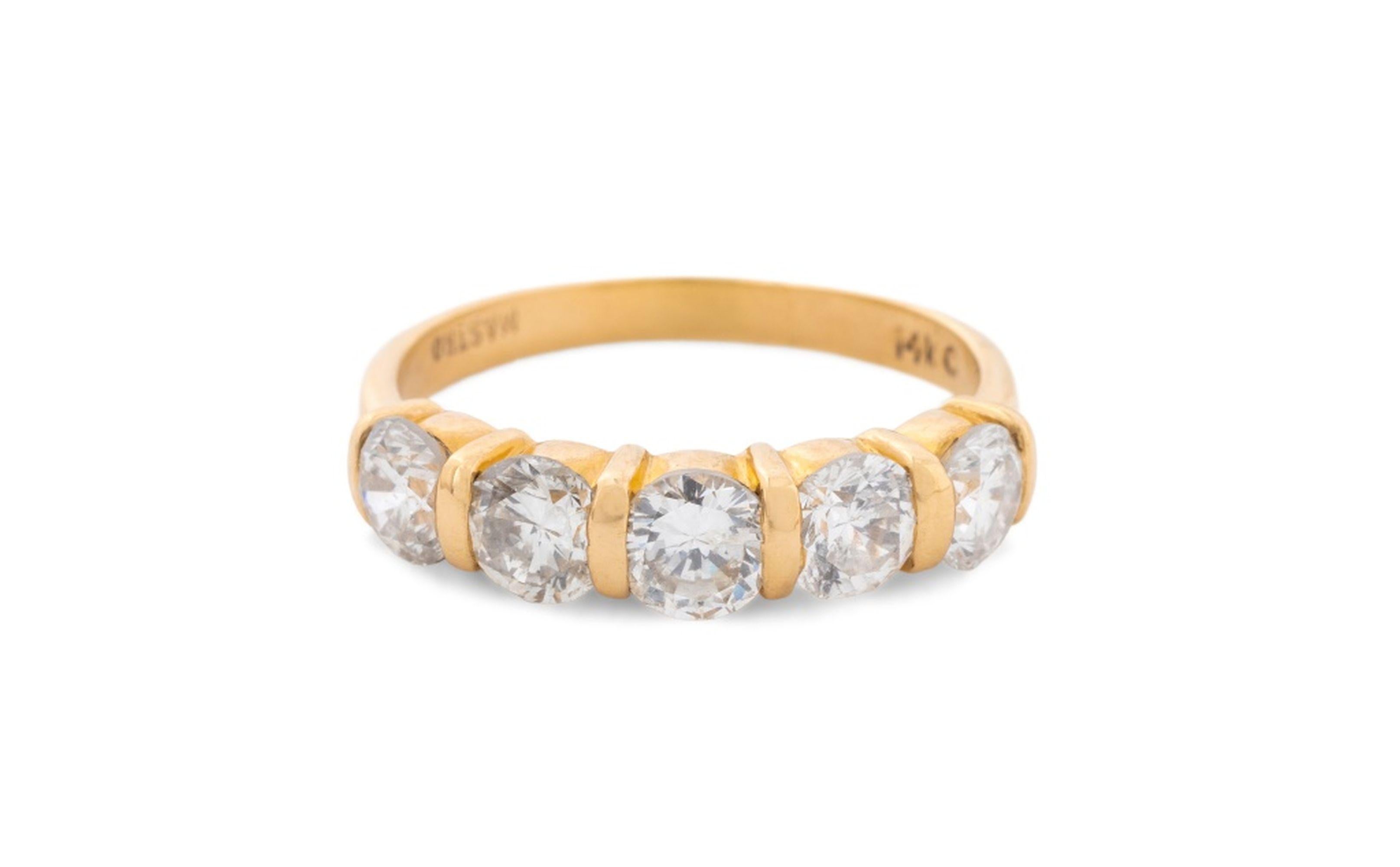 14K Yellow Gold 5-Stone Diamond Channel Set Ring, Modern 20th Century For Sale