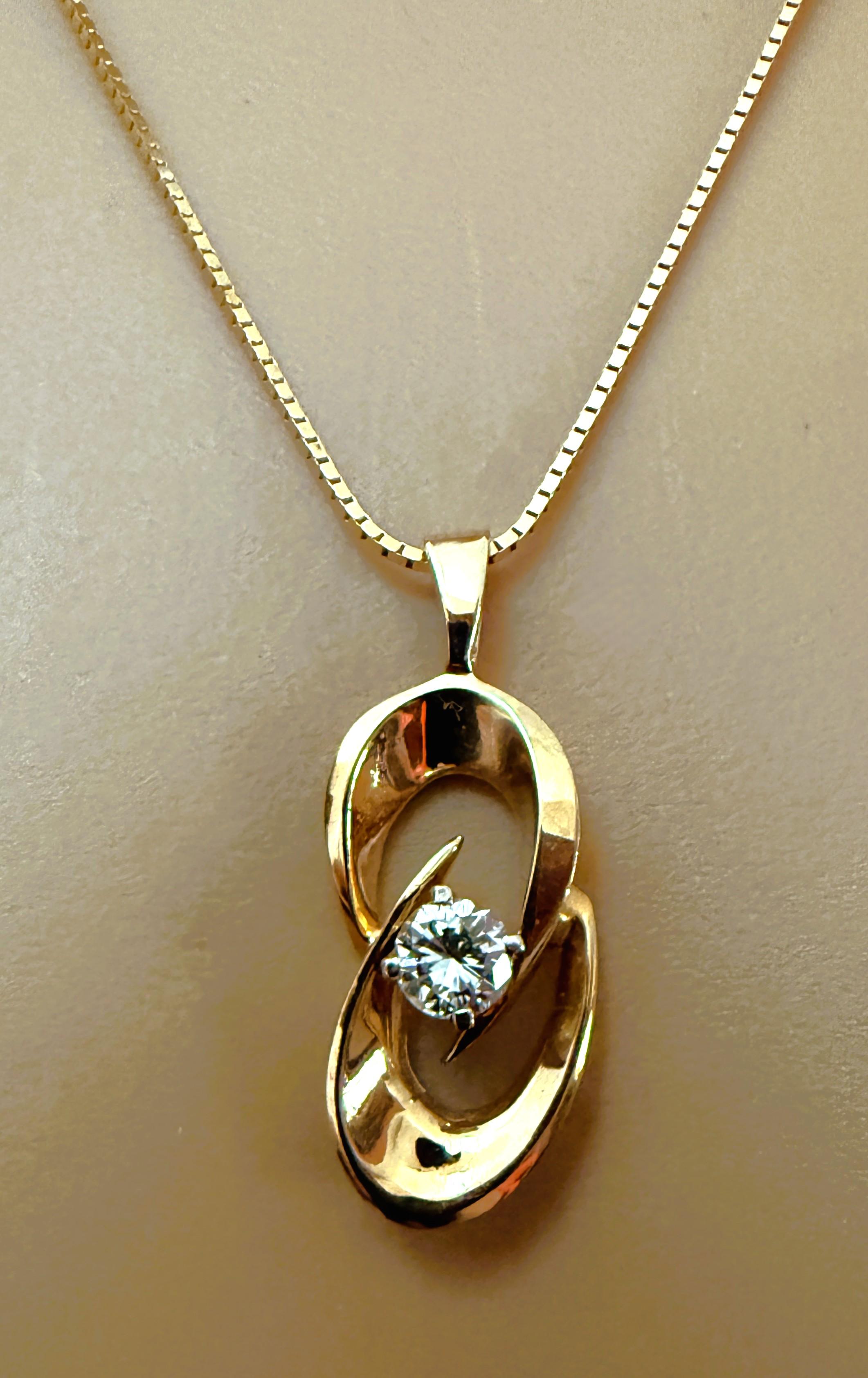 Art Deco 14k Yellow Gold .50 Carat Diamond Pendant On 14K Yellow Gold Italian Chain For Sale