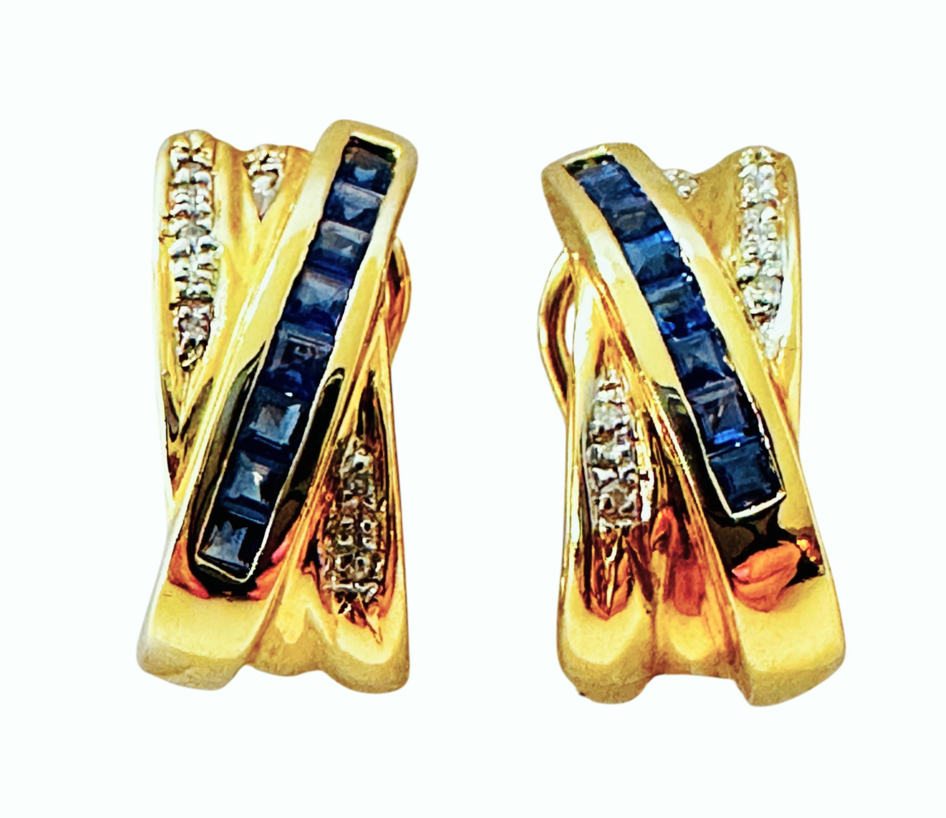 Art Deco 14k Yellow Gold .50 Carat Princes Cut Sapphire & Diamond Omega Back Earrings For Sale