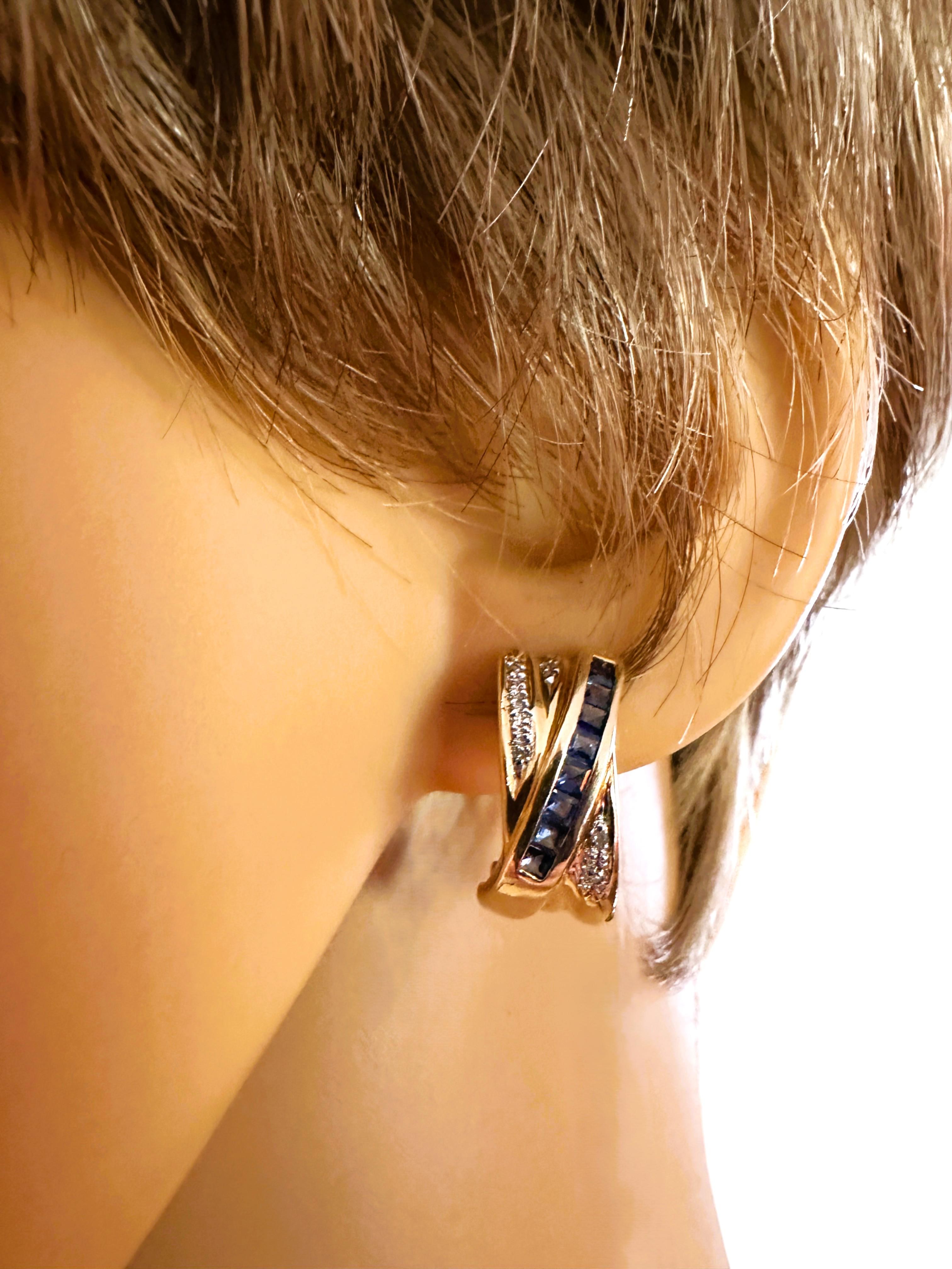 Princess Cut 14k Yellow Gold .50 Carat Princes Cut Sapphire & Diamond Omega Back Earrings For Sale